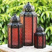 Vela Lanterns Decorative Outdoor for Patio/Porch - Floor Moroccan Candle Holder Set of 3 - Turkish Lamps, Table Centerpieces, Hanging Outdoor Decor for Wedding, Ramadan (XL, Large, Small - Red Glass)