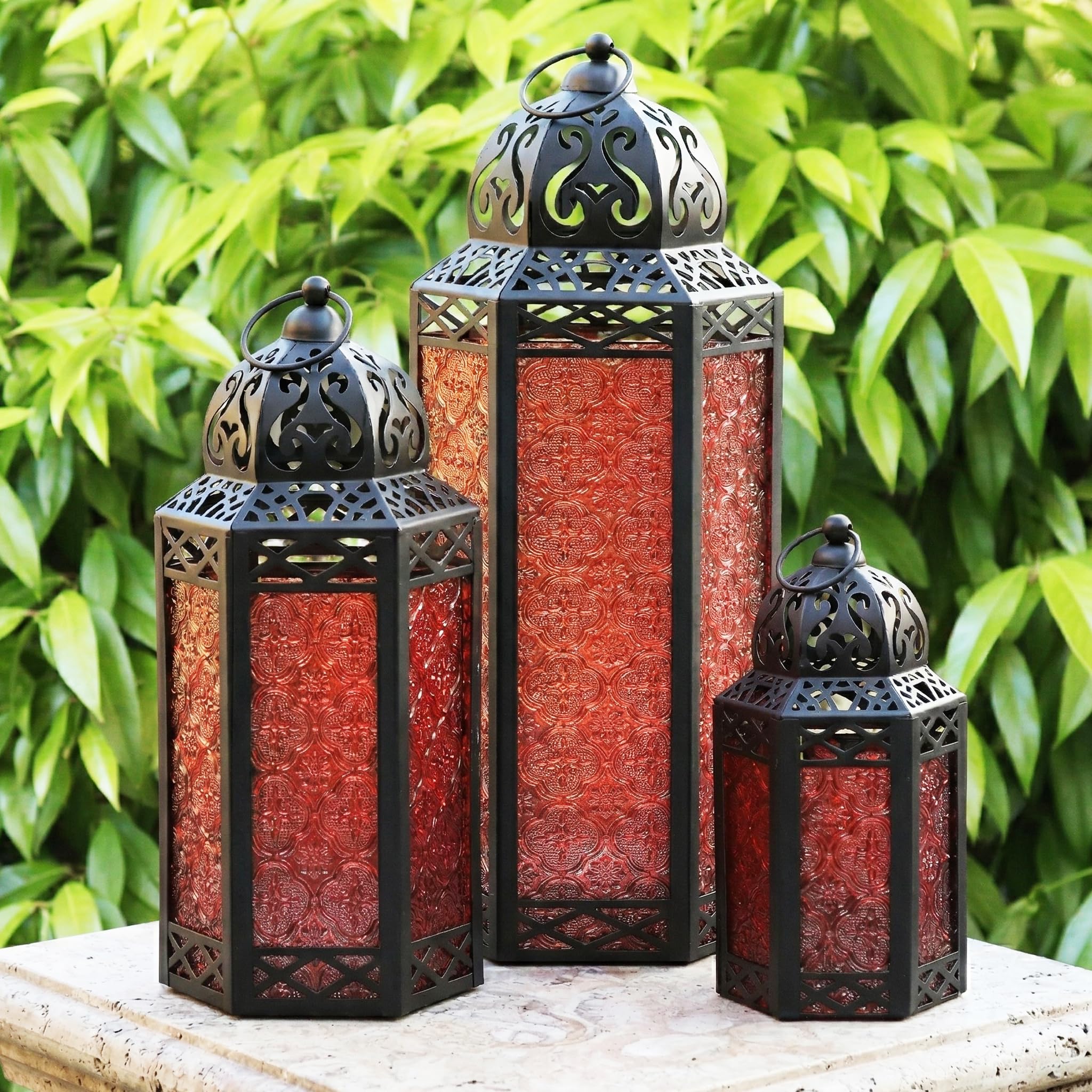 Vela Lanterns Red Moroccan Candle Lantern Decorative Set Of 3 For Floor, Ramadan Decorations, Indoor Home Decor, Outdoor Patio Or Porch, Weddings,