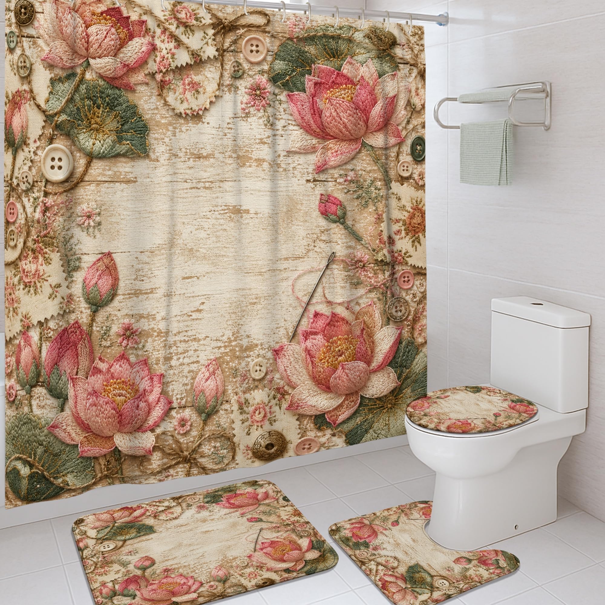 Ensemble rideau de douche vintage rustique boutons floraux et tapis haut de gamme