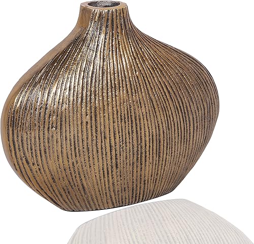 Miniatura 3 de AHC Home & Living Jarrón de metal, centro de mesa de decoración del hogar, arreglo floral, jarrón ovalado para mesa, encimera, (oro antiguo)