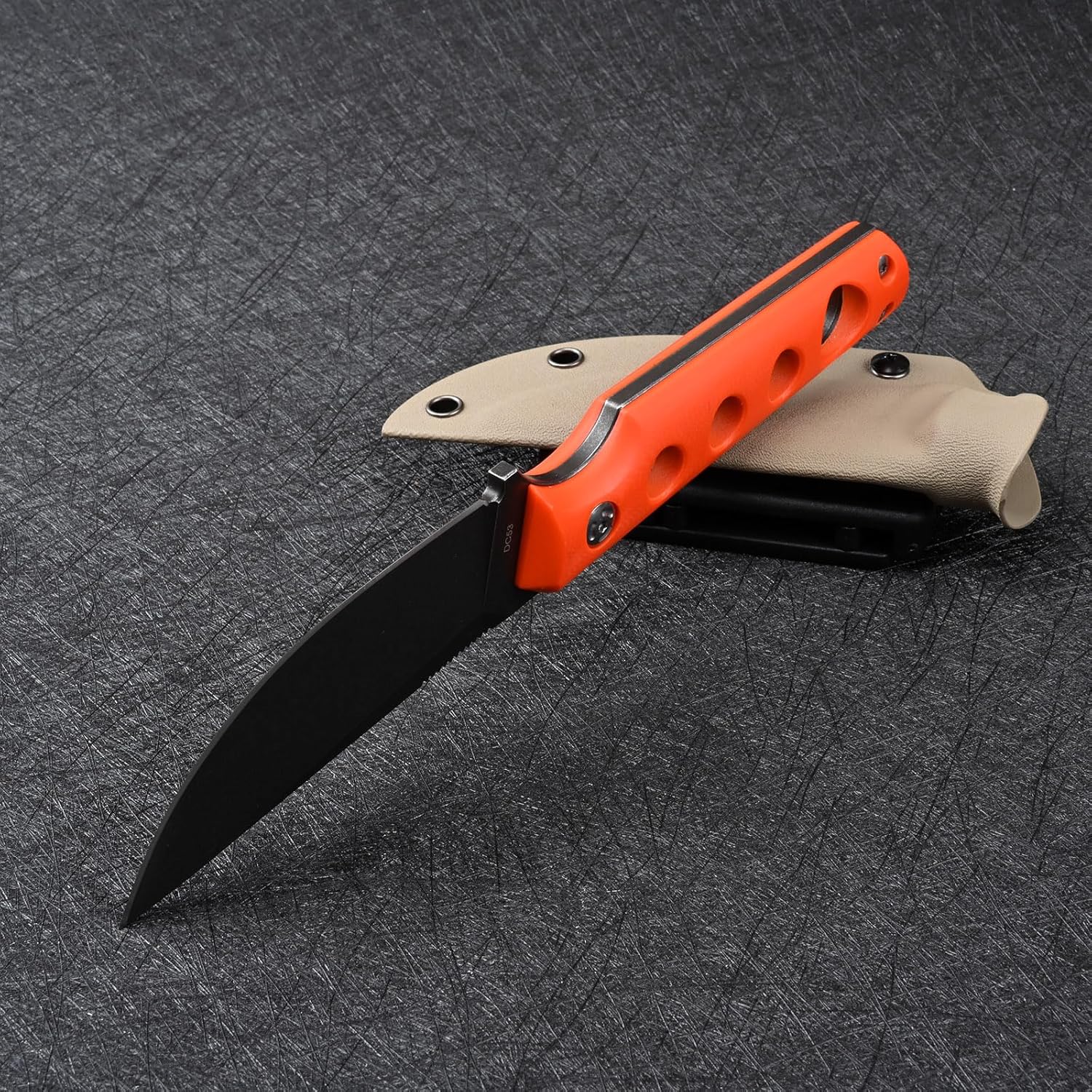 Knives DC53 Steel Tactical Fixed Blade Knife G10 Handle with kydex sheath for Men EDC Camping Survival Hunting Outdoor (Black Orange)