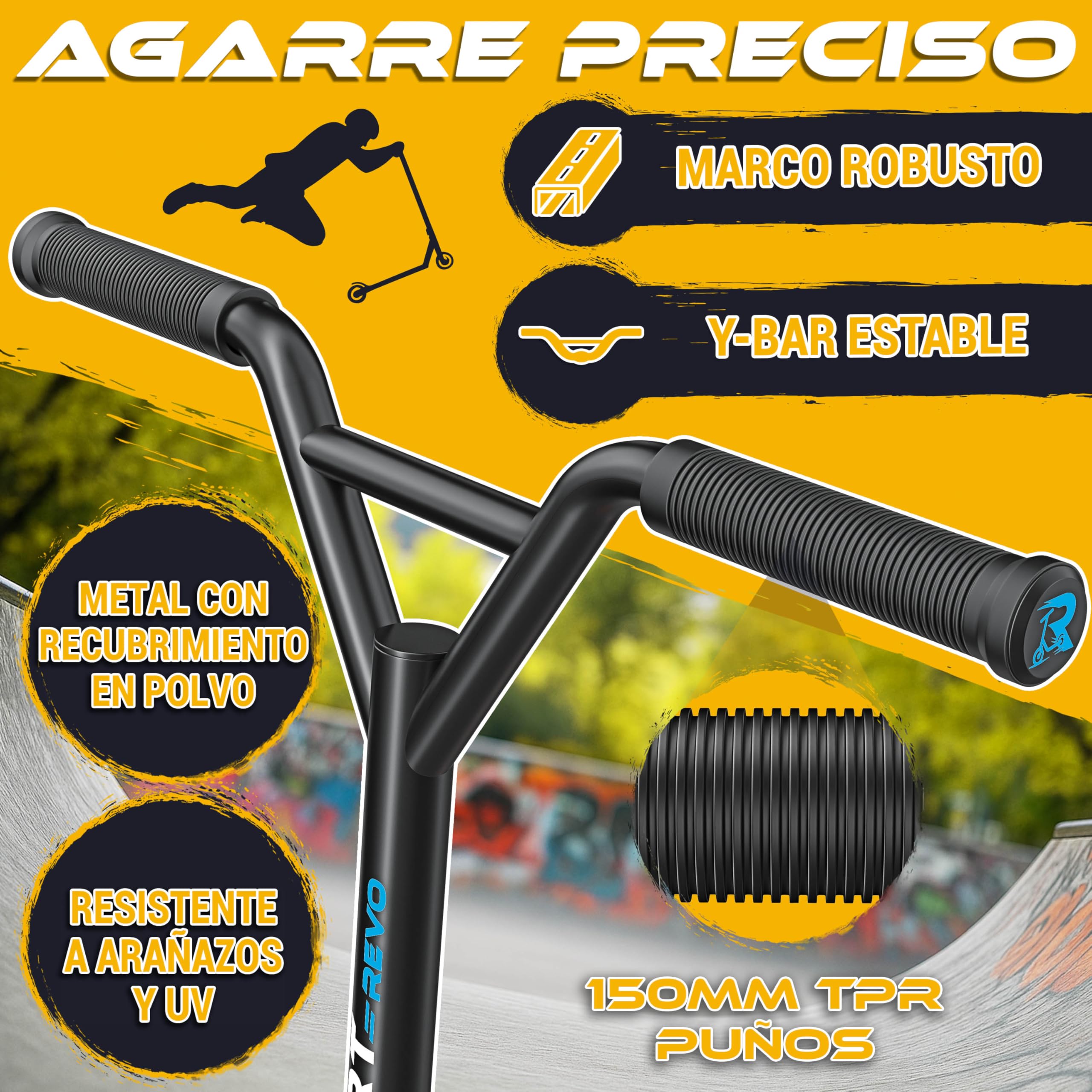 RE:SPORT Patinete de acrobacias Revo para niños y adultos con soporte, patinete profesional de 100 mm, ruedas de poliuretano y barra en Y, patinete de acrobacias, patinete ABEC 9, rodamientos de bolas