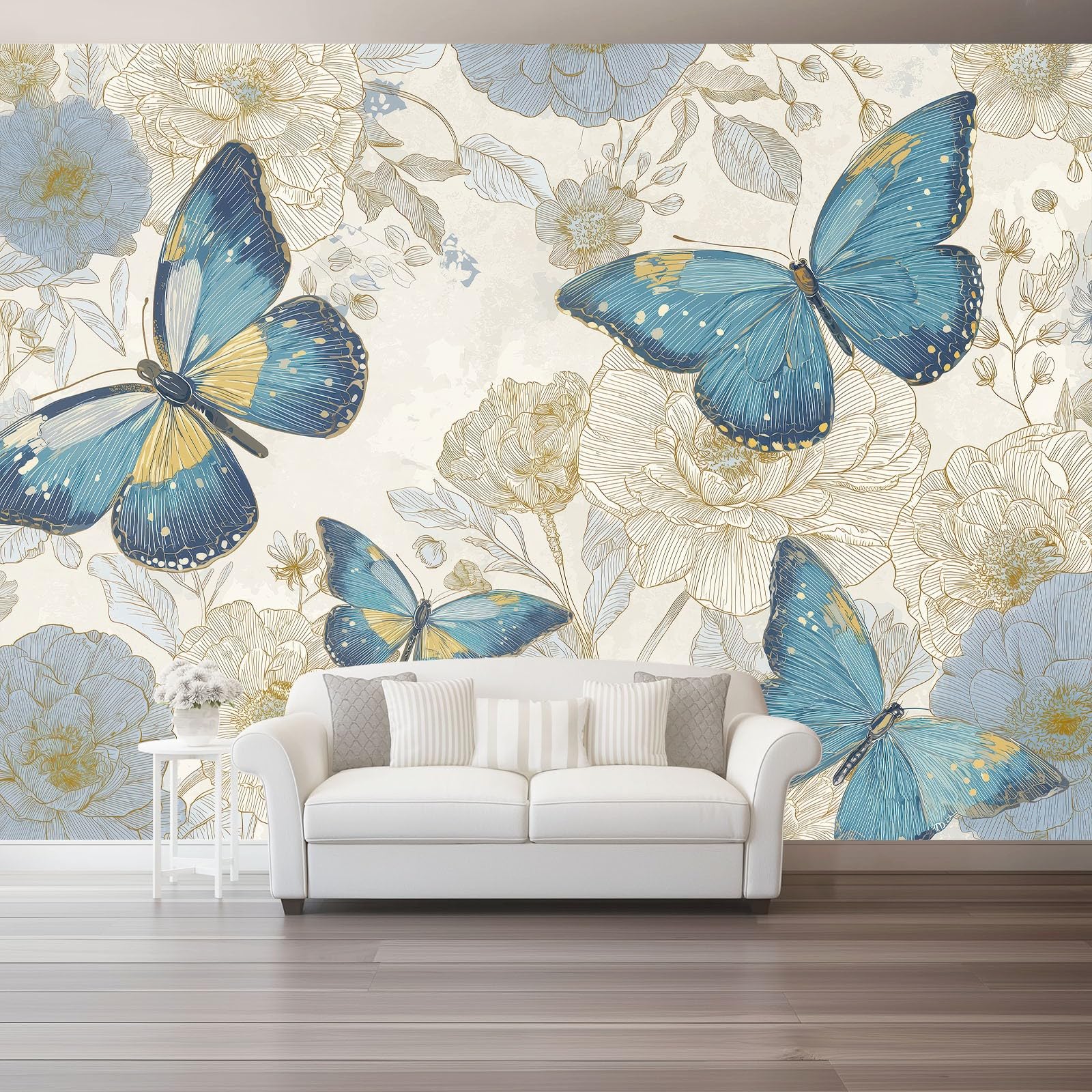 Tapeta panoramiczna 400 x 280 cm, retro motyl kwiaty tapeta z motywem do zabaw i żłobka, niebieska