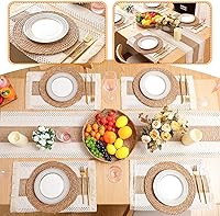 Vista 6 de Boho Placemats 4/6/8 Set of Round Woven Placemat Macrame Style Bicolor Stitching Long Table Runner Farmhouse Rustic Natural Burlap Cotton for