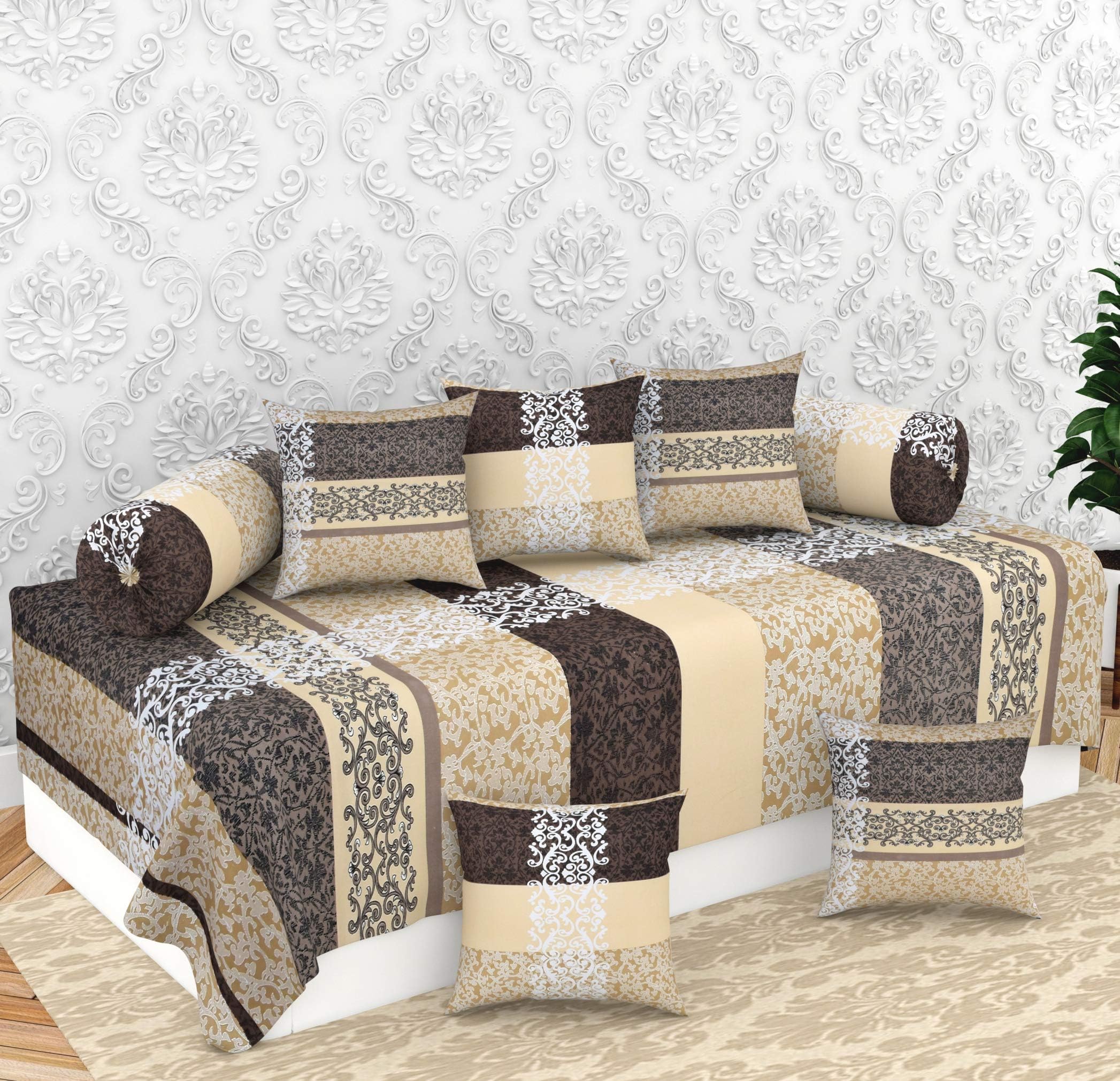 BROMWICK Damask Printed Microfiber Diwan Set 8 Pieces, 1 Single bedsheet, 5 Cushions Covers and 2 Bolster Covers - Cream