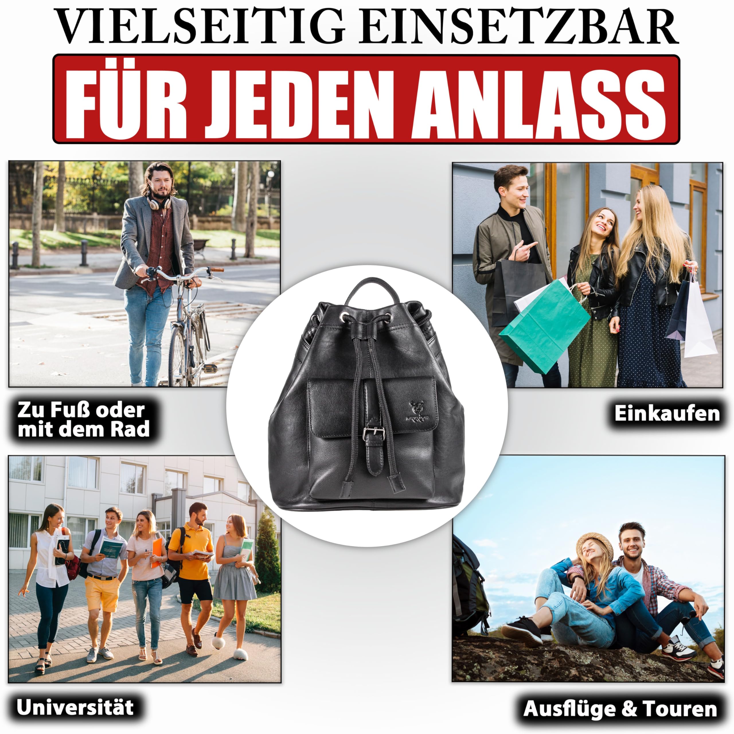 MATADOR Rucksack Tasche 2 in 1 Damen Leder #ROM, Stilvoller Rucksack Damen Schwarz für Alltag, eleganter Cityrucksack oder Lederrucksack, Robuste Rucksackhandtaschen mit Kordelzug, Schwarz Nappa