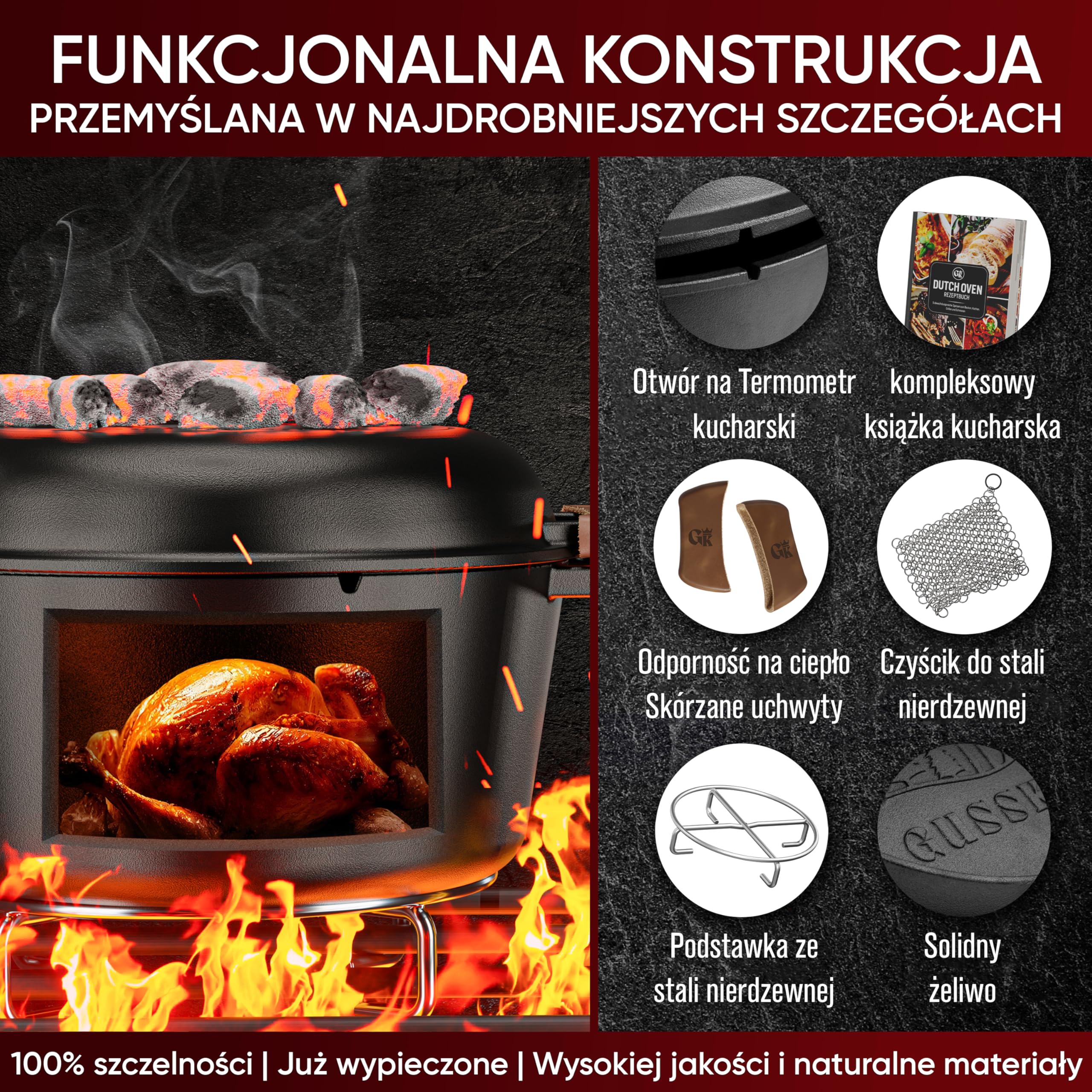 Gusskönig 2w1: Żeliwny garnek (4,8L) & patelnia grillowa (1,8L). Wstępnie przyprawiony. Idealny do zapiekania, gotowania i grillowania.