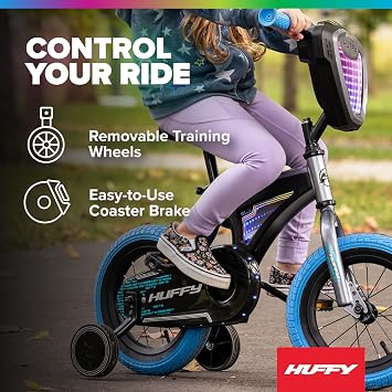 Huffy Electro-Light Kids Bike with LED Lights, Durable Steel Frame, Coaster Brake, Removable Training Wheels, Ages 4-6, Grey/Red