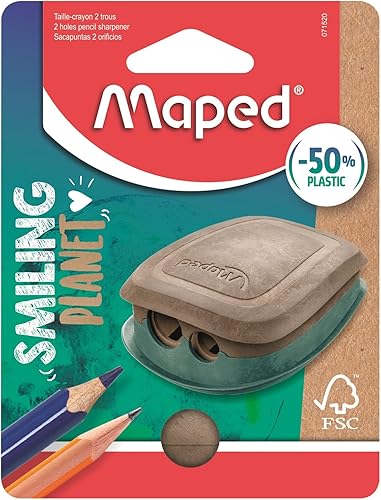 Maped - El sacapuntas de Planeta Sonriente ecológicamente sostenible para 2 tamaños de bolígrafo con caja de colección - Hecho de fibra de madera
