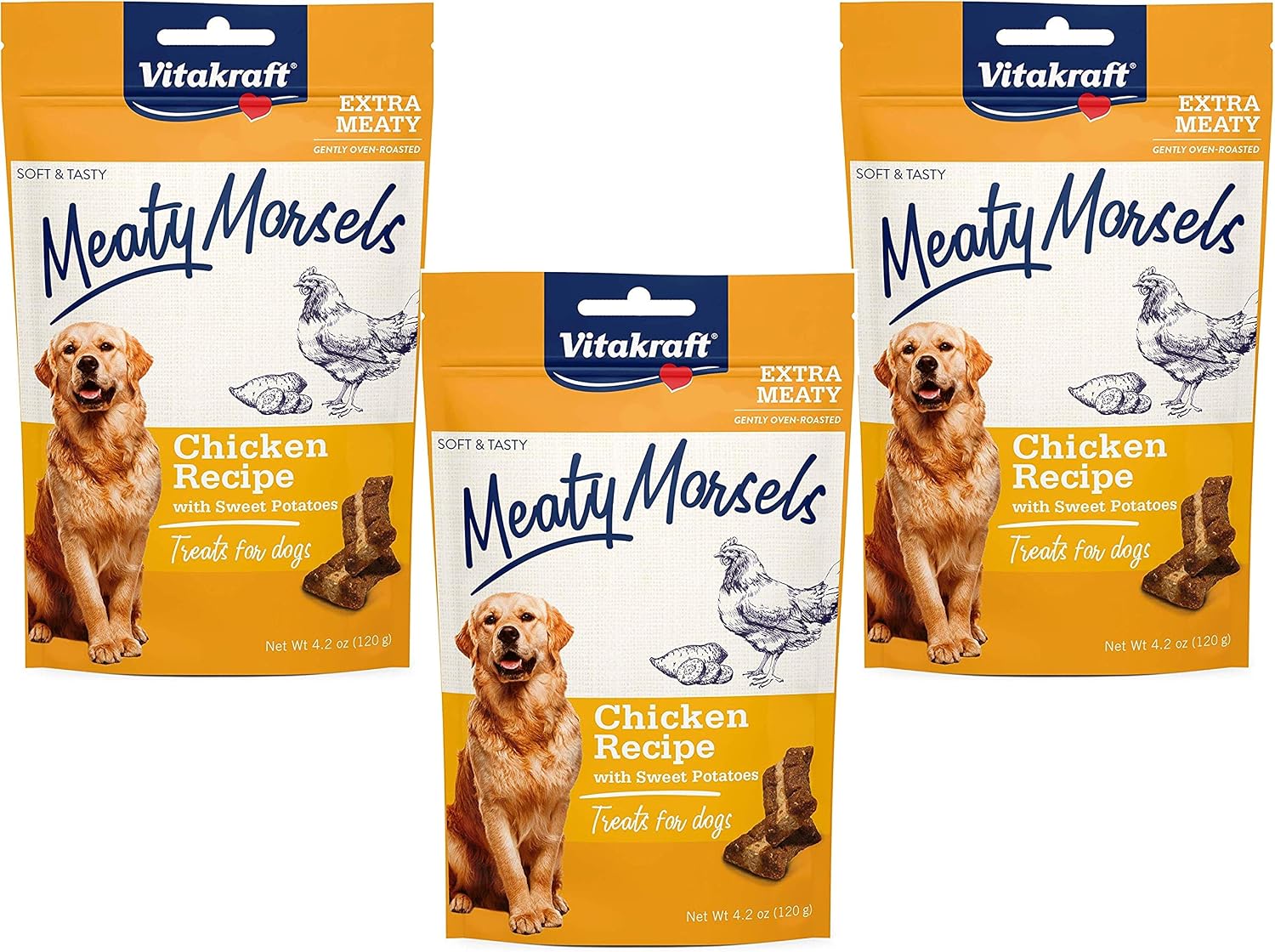 Vitakraft 3 Pack of Chicken Meaty Morsels Dog Treats, 4.2 Ounces Each, with Sweet Potatoes