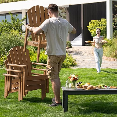 Miniatura 7 de nevilywood Juego de 2 sillas Adirondack apilables de polietileno de alta densidad para exteriores, duraderas y ahorran espacio, adecuadas para