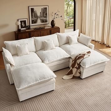 ovios 108" U Shaped Cloud Couch, 5-Seat Modular Sectional Sofa with 2 Ottomans, Comfy Chenille Deep Seat Sofas Couches with 5 Throw Pillows for Living Room and Apartment, Beige