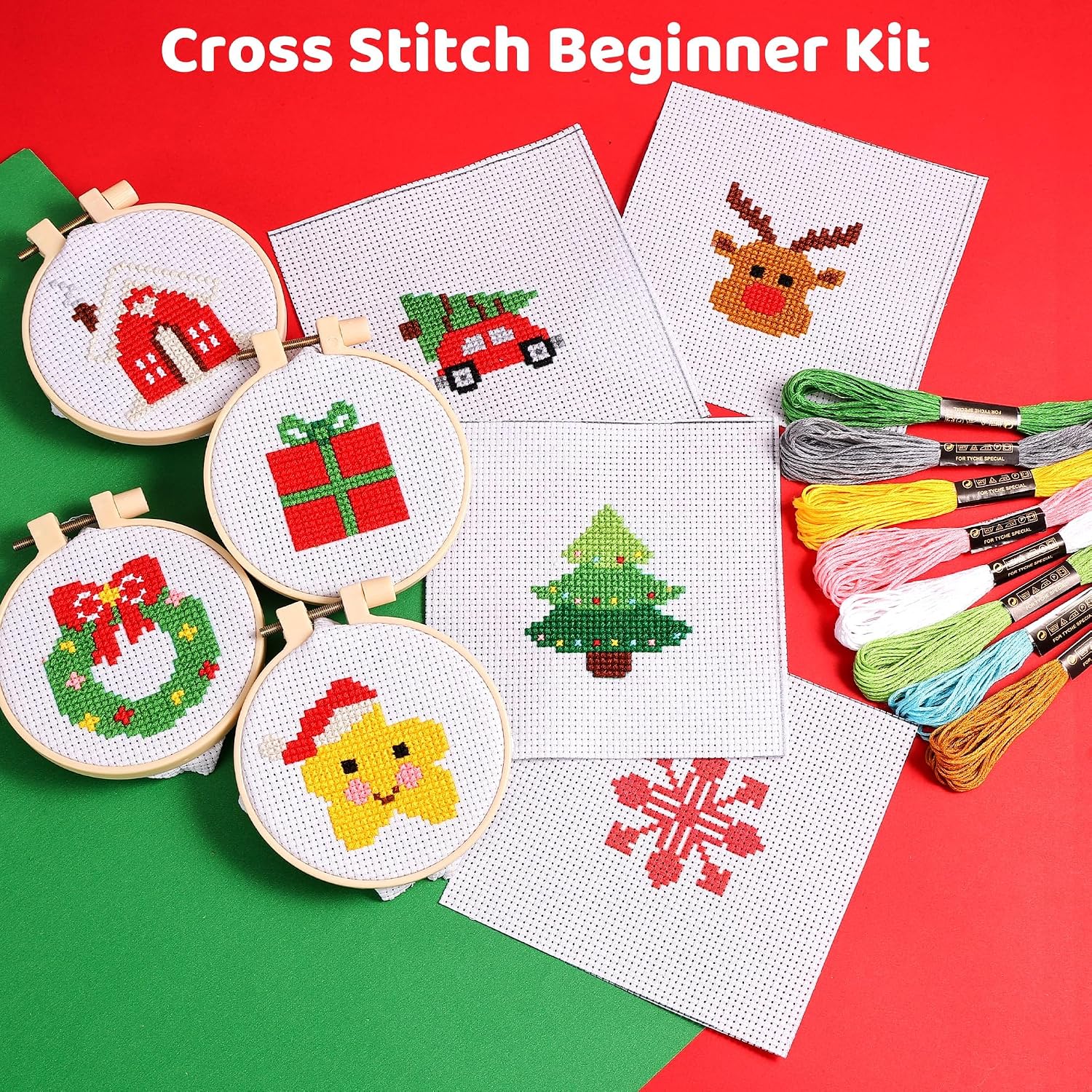 Pllieay 8PCS Christmas Cross Stitch Kit for Kids, Includes 8Pcs Christmas Patterns, 2Pcs Hoops and 14 Color Skeins, Fun & Easy Cross Stitch Kits for Beginners, Perfect for Crafts and Christmas Decor