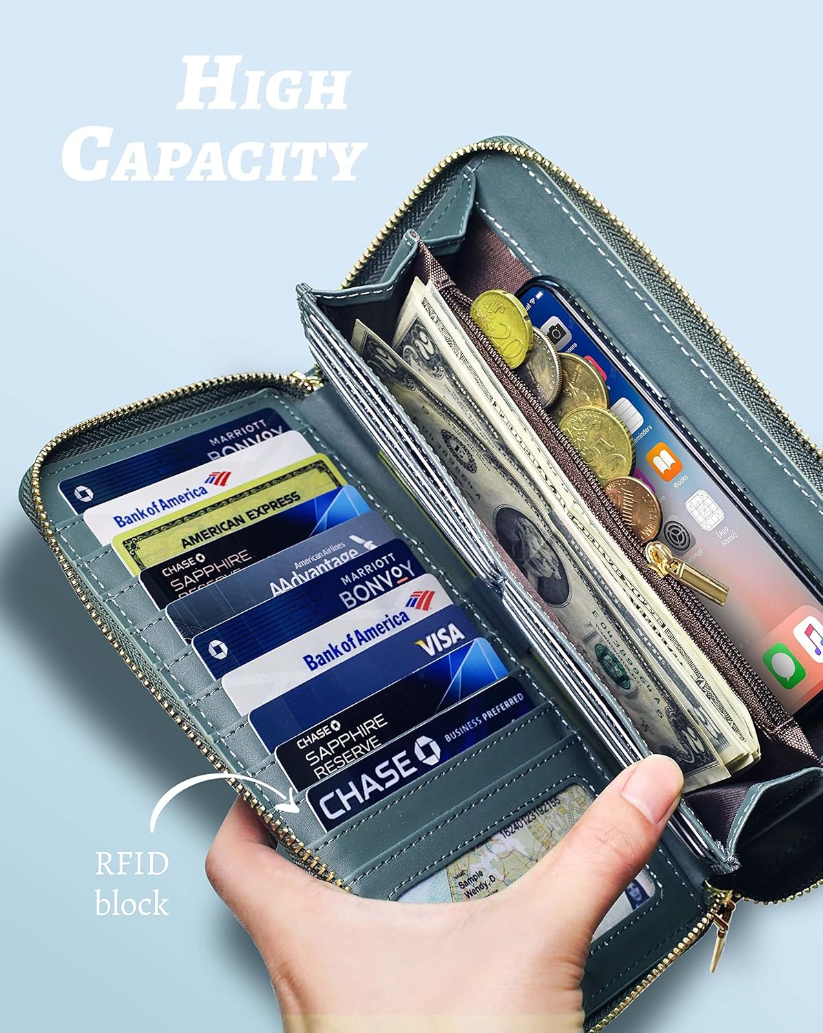 Yarnic Green Women Wallet Wristlet Band Wallet Credit Card Holder Clutch Money Pockets Case Coin Money Clip Organizer Purse with RFID Blocking Large Capacity with Zipper Gray Green - Image 2