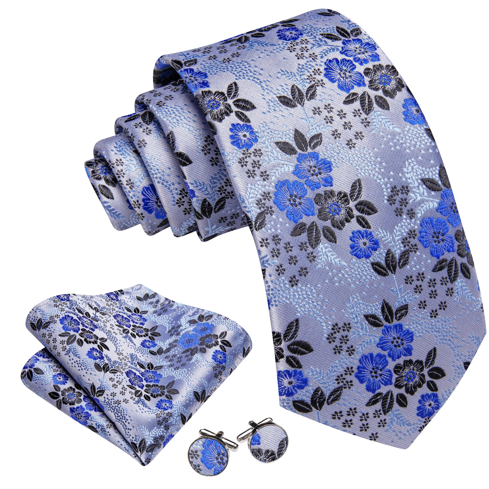Barry.Wang Juego de gemelos cuadrados de seda para hombre, corbata floral con diseño de flores, para boda, fiesta, negocios