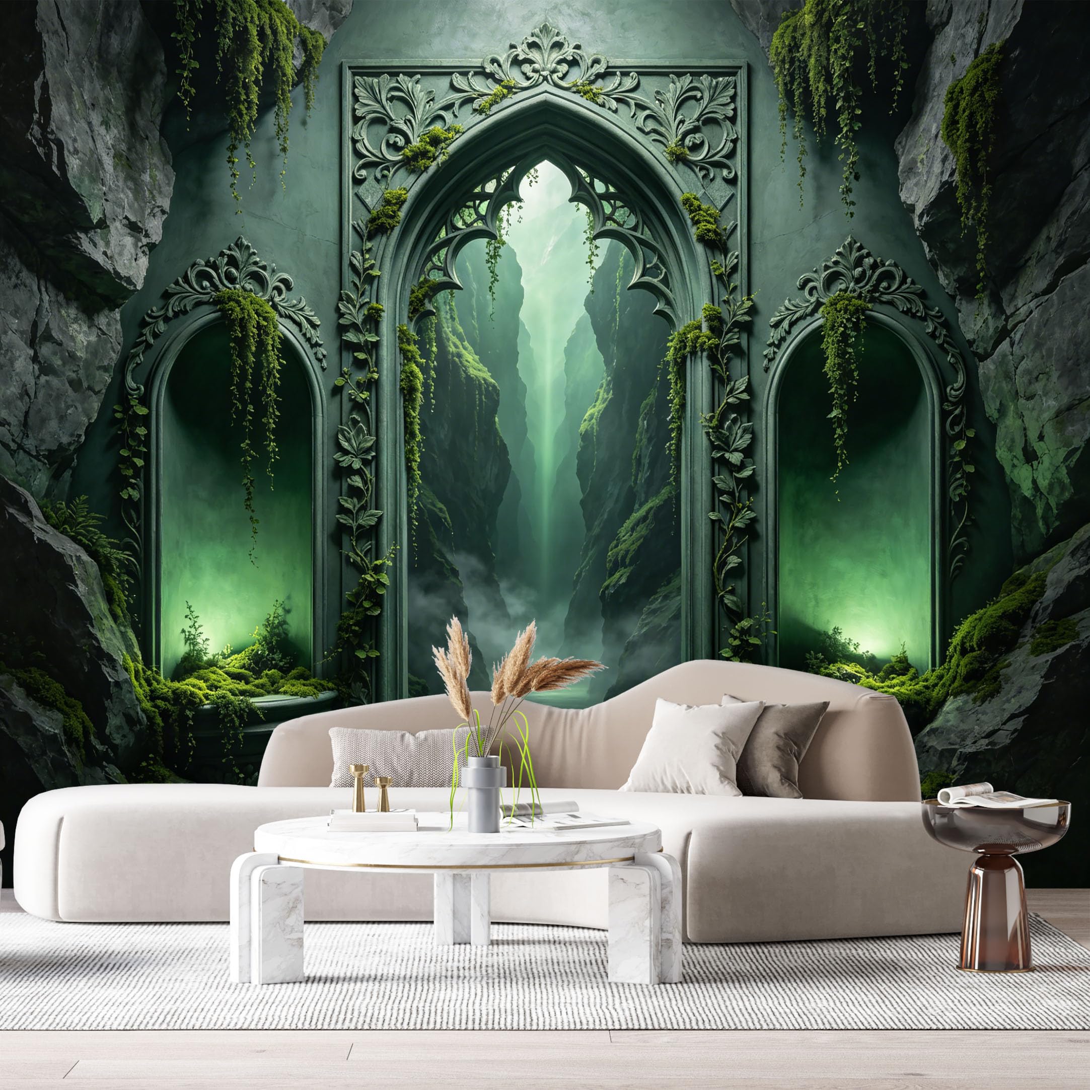 Custom Size Wall Murals Gothic Archway Mystical Forest Green Glow 3D Trompe L'Oeil SelfAdhesiveWall Fabric Removable Wallpaper Wall Decor for Living Room Bedroom Bathroom