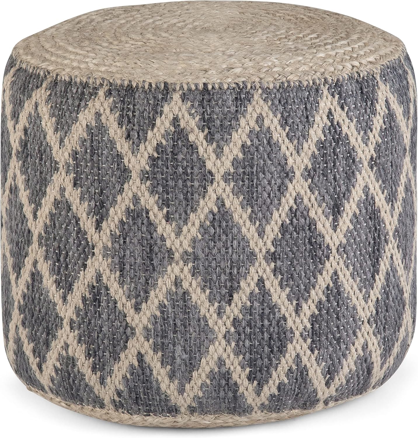 SIMPLIHOME Edgeley Round Pouf - 18 inch Wide Handwoven Jute and Cotton Ottoman in Grey and Natural, Boho-Style Footstool or Extra Seating for Living Room, Bedroom, or Kids Room, Assembled