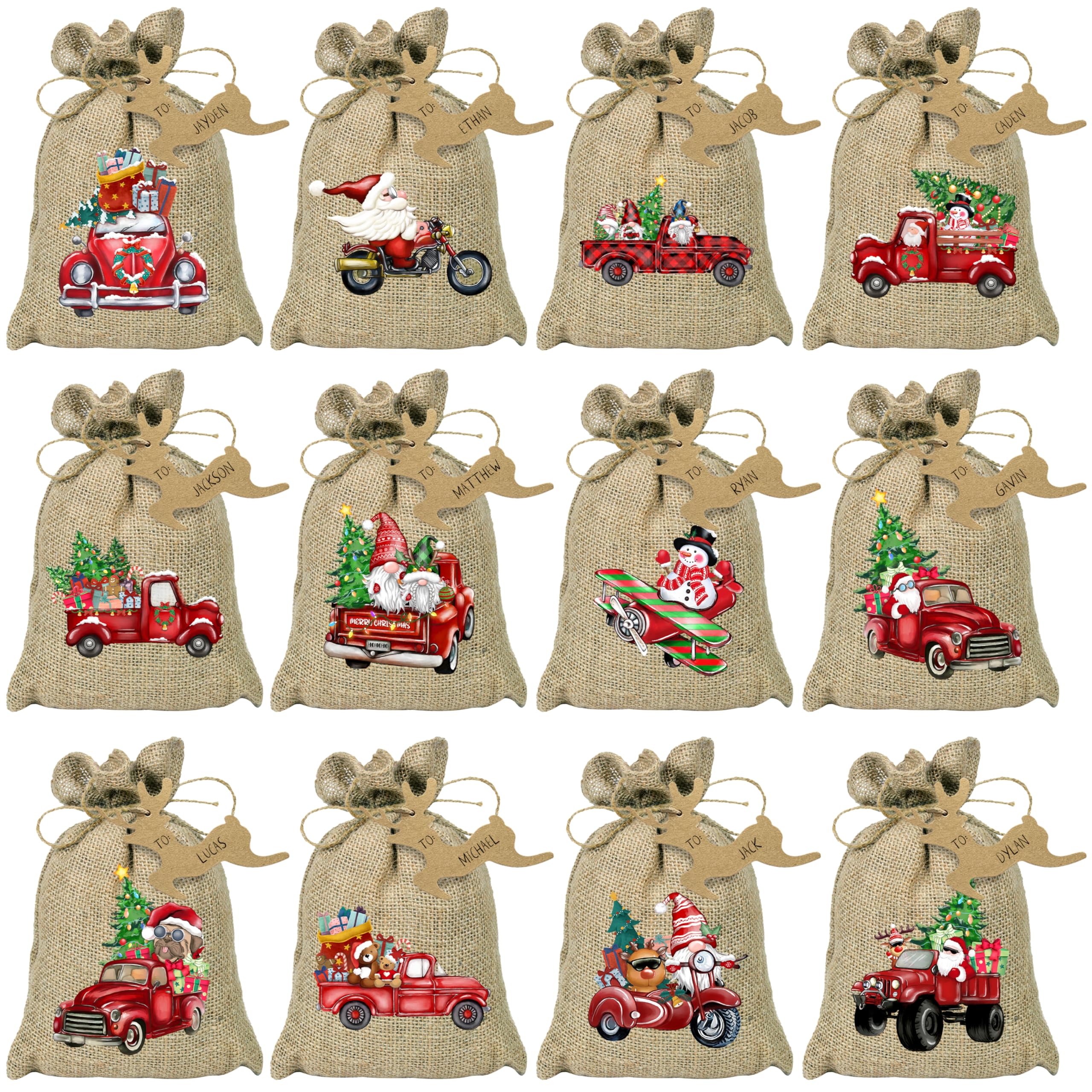 BORAMDO Christmas Burlap Gift Wrapping Bags with Drawstrings 24Pcs, Christmas Red Truck Linen Treat Candy Bags for Holiday Party Favor Supplies