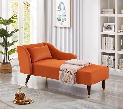 58.3" Velvet Chaise Lounge Chair Daybed Sofa Couch Living Room Bedroom Office Hotel Lobby Wooden Legs Brass-Tipped Lumbar Cushion Upholstered Sleek Stylish Comfy Elegant Mid-Century Modern Orange