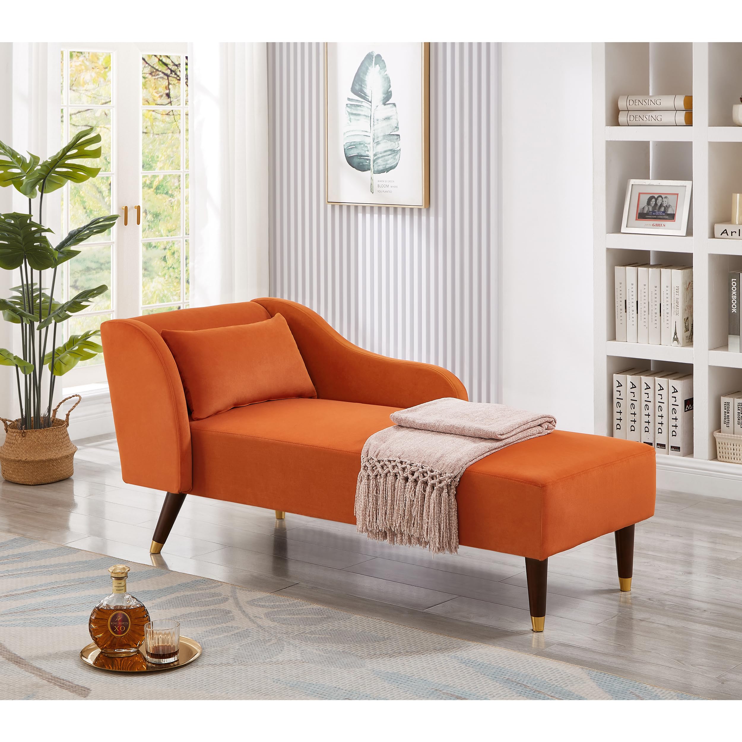 Photo 1 of GDFStudio Upholstered Chaise Lounge Chair Indoor, Modern Velvet Recliner Lounge Chair with Removable Pillows, Gold Wood Legs, Backrest & Armrest, Reading Chaise Chair for Living Room Bedroom, Orange