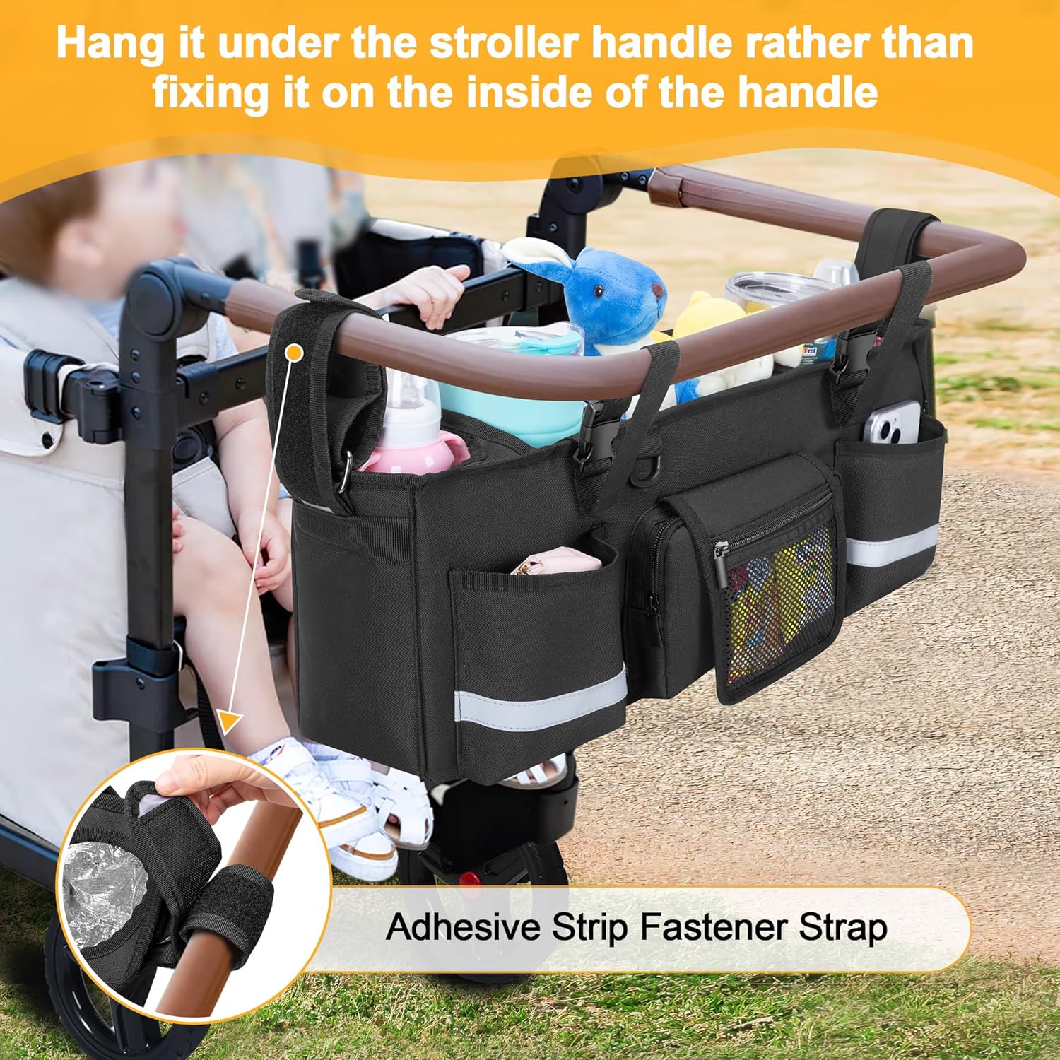 Parent Console Stroller Organizer Compatible with WONDERFOLD W4, with Four Insulated Cup Holders, a Removable Cooler Bag, Special Board Design Make It Not Easy Collapse and Tilting, Black
