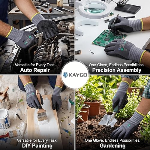 Miniatura 5 de KAYGO MicroFoam - Guantes de trabajo con revestimiento de nitrilo, 12 pares KG19N de nailon de punto sin costuras, micropuntos para un mejor agarre