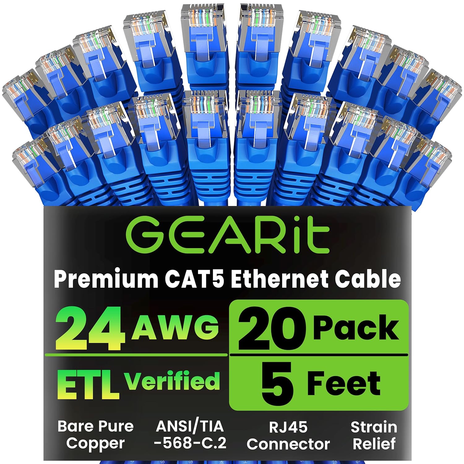 GearIT 20-Pack, Cat5e Ethernet Patch Cable 5 Feet - Snagless RJ45 Computer LAN Network Cord, Blue