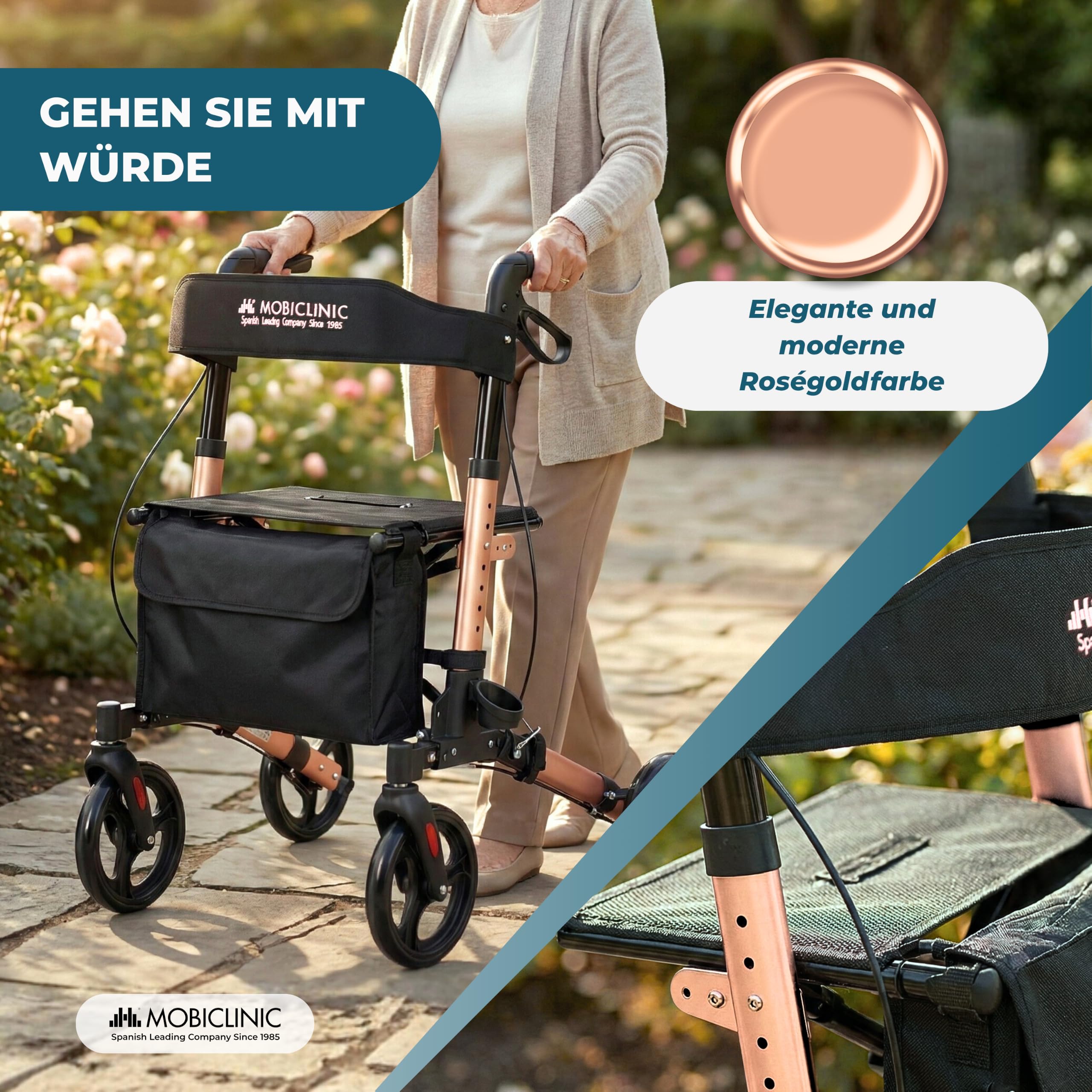 Mobiclinic®, Faltbarer Rollator, Sitz und Rückenlehne, bis 136 kg, Roségold, Höhenverstellbar, Aufbewahrungskorb, Stockhalterung, Bremsen und Sicherheitsverriegelung, Aluminium, Trajano