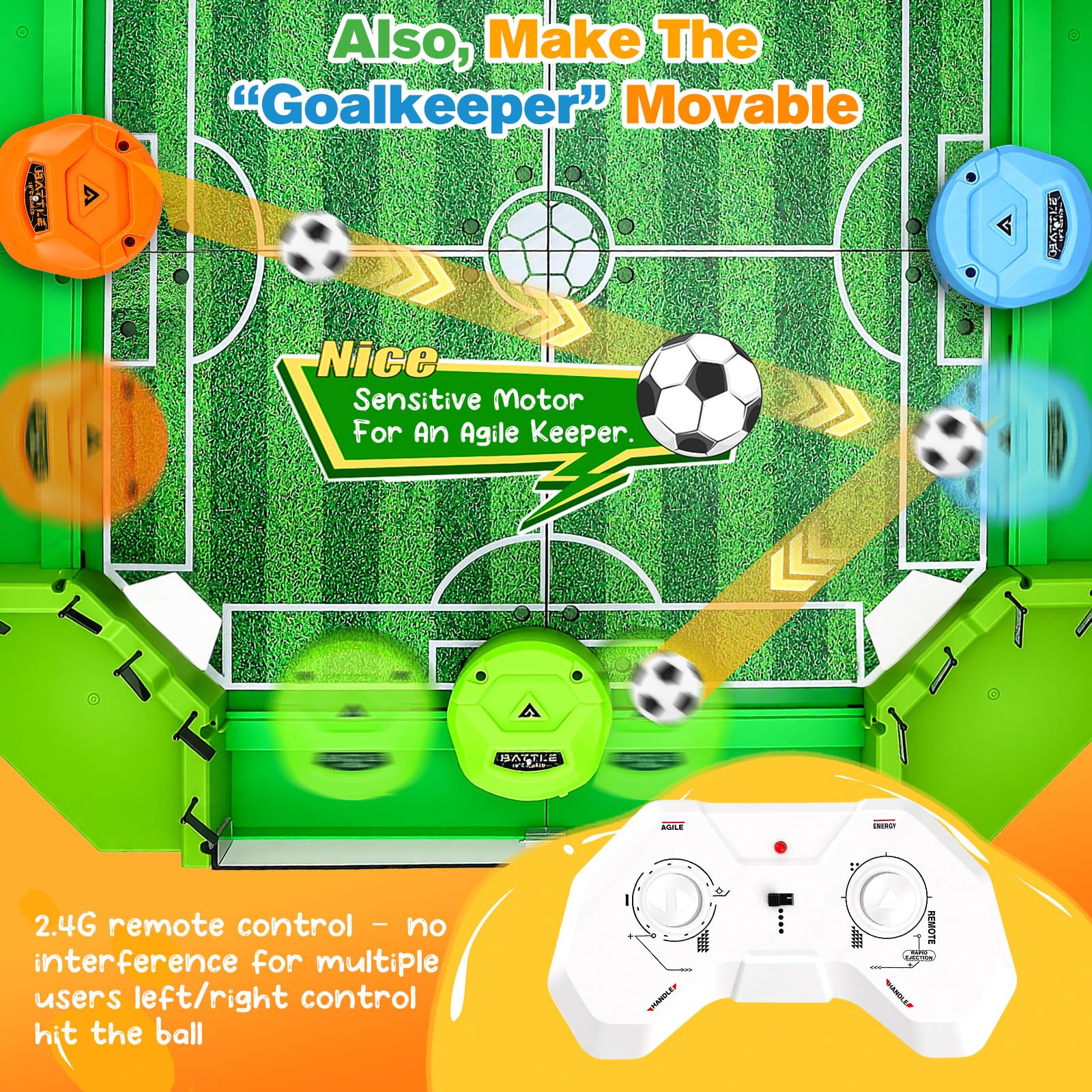 Ferngesteuertes Tischfußballspiel mit 3 Bällen und 4 Fernbedienungen, Mini-Tischfußball für Kinder und Erwachsene ab 3 Jahren – Interaktives Geschenk für Jungen und Mädchen