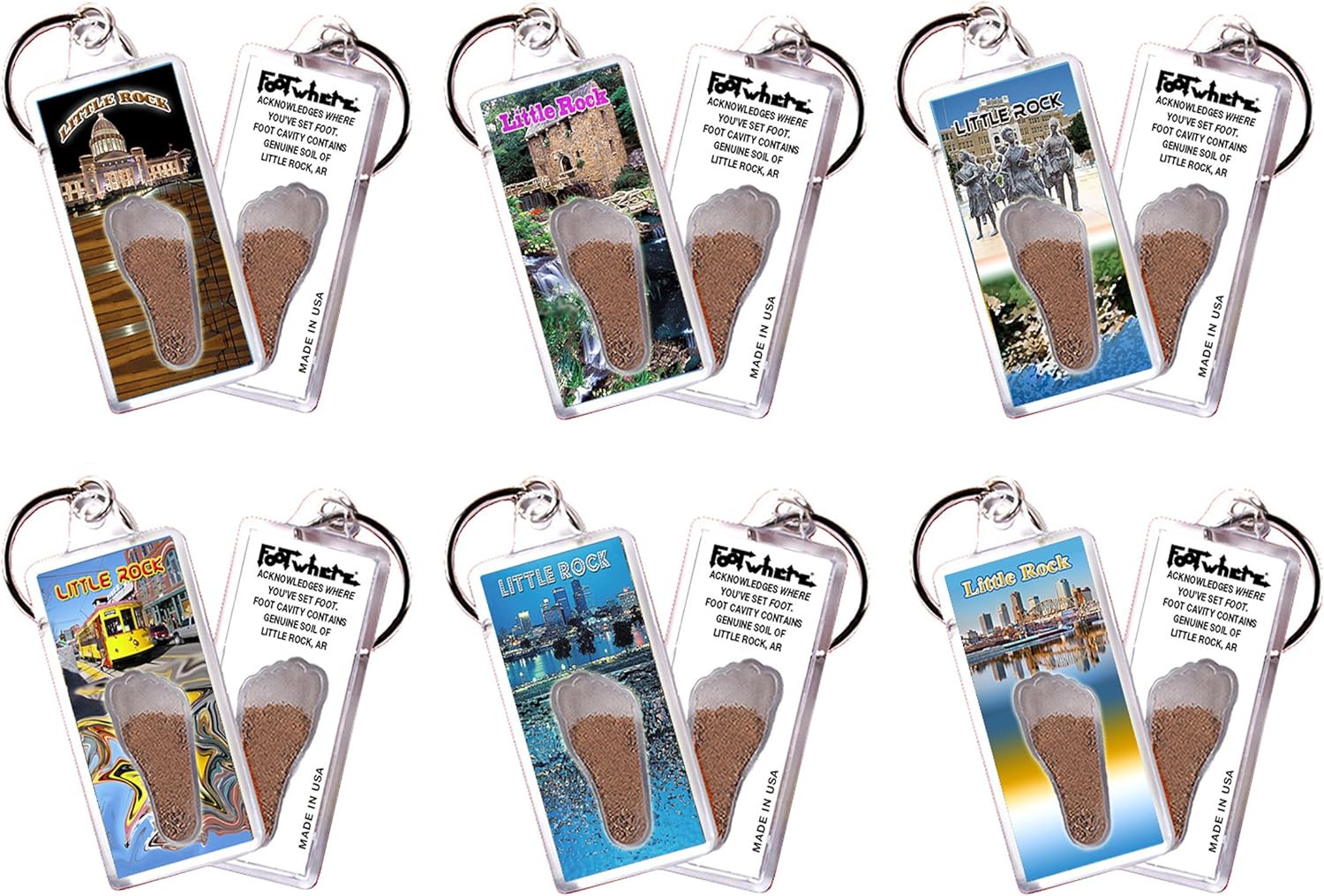 FootWhere Little Rock Souvenir Keychains. 6 Piece Set. Made in USA