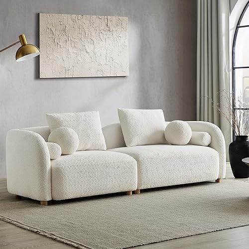 Moderno sofá curvado Sherpa Boucle de 3 plazas, cómodo sofá nube con patas de madera y almohadas, sofás minimalistas para sala de estar,