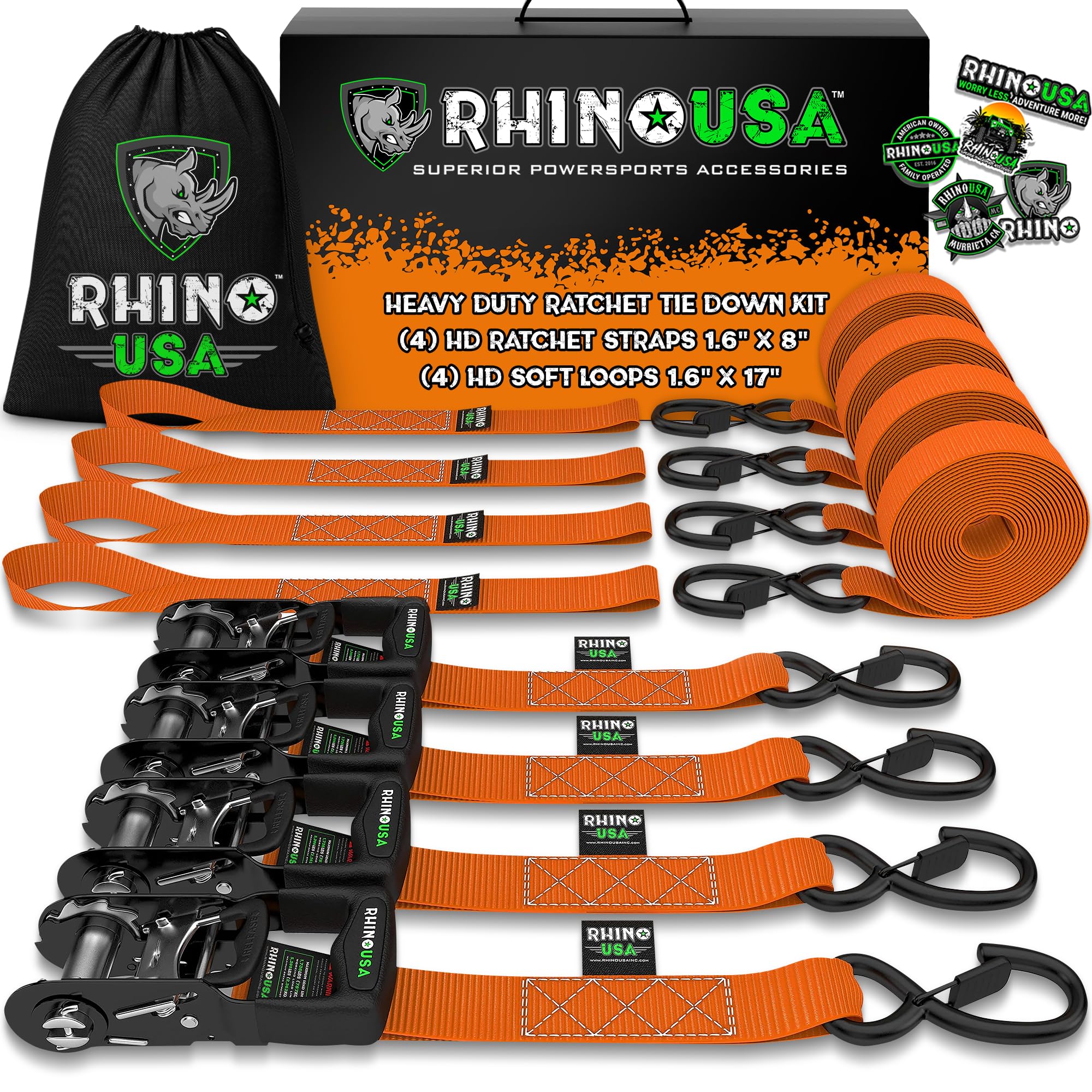 Rhino USA Heavy Duty Ratchet Tie Downs (4-Pack) - 1.6in x 8ft, 5,000lb