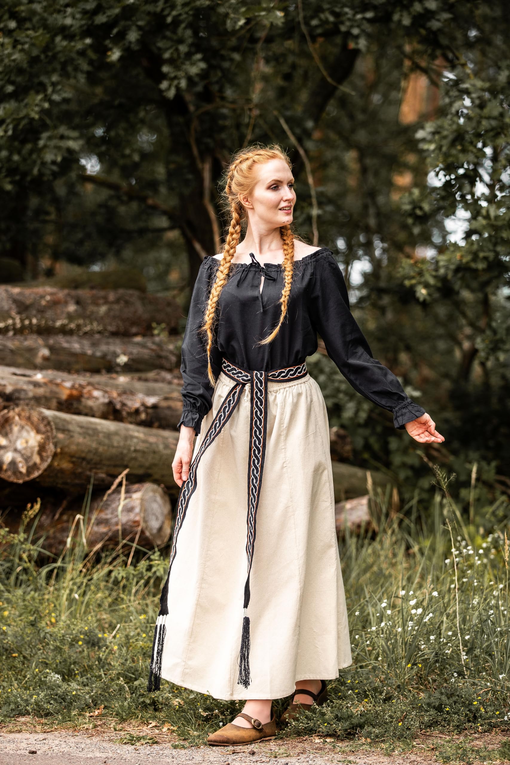 Leonardo Carbone® Damen Bluse Mittelalterbluse Edith | Offenschulterig | Rüschenärmel | Karneval, Halloween, Cosplay, LARP, Kostüm, Mittelalter, Festkleidung | 100% Baumwolle Schwarz L