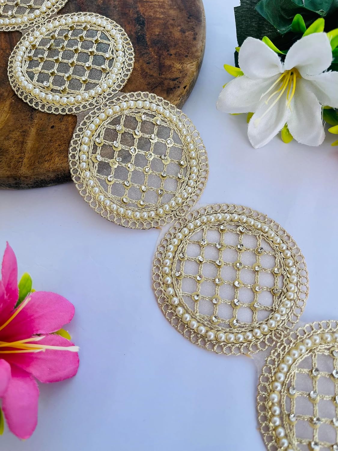Elegant Pearl and Rhinestone Lace Trim, Gold Metallic Net with Crystal Grid Pattern, 3 Inch Wide, Round Design, Wedding Dress Embellishment, Available in 1, 3 and 6 Yard (3)
