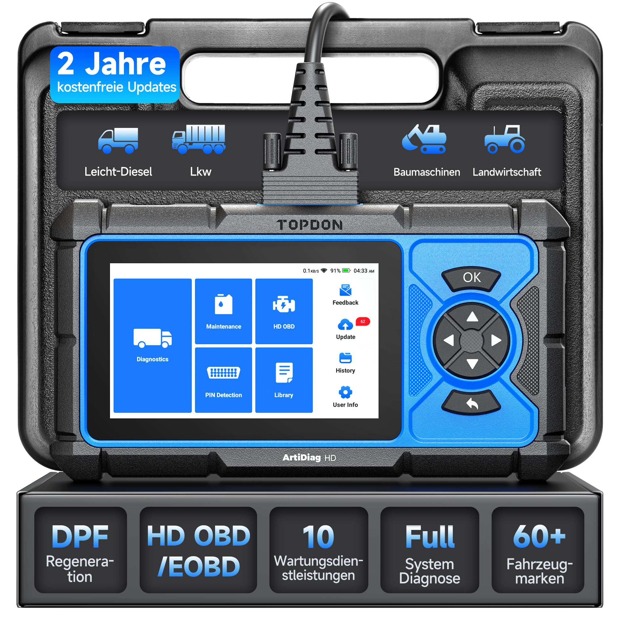 TOPDON ArtiDiag HD LKW Diagnosegerät, Professionelles LKW Scanner für Schwerlastfahrzeuge, 10 Rückstellservice inkl. DPF-Regeneration, HD OBD/EOBD, Heavy Duty Truck, 2 Jahre Updates