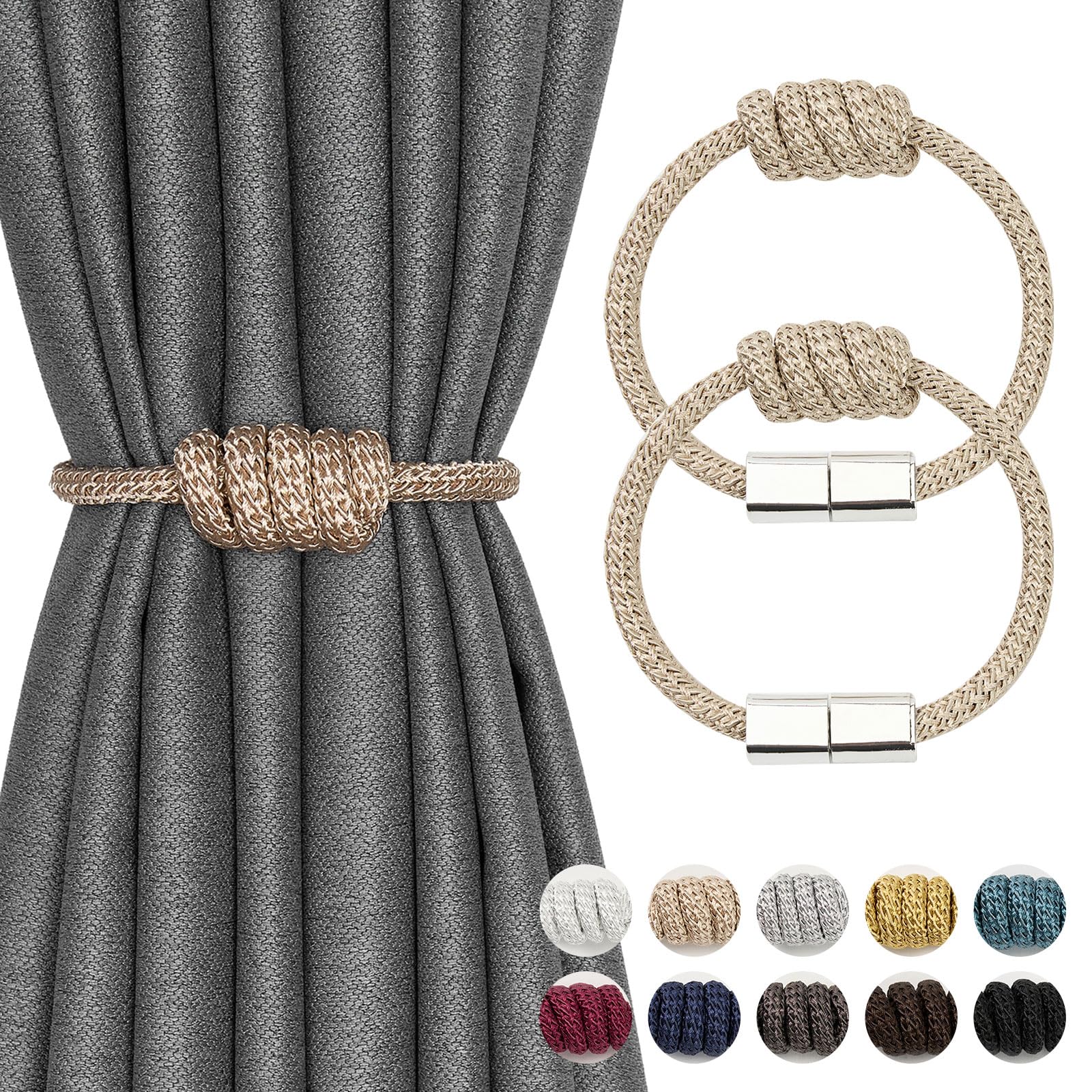 NICEEC 2 Pack Mini Magnetic Curtain Tiebacks Modern Simple Style Drape Tie Backs Elegant Hand Weave Rope Knot Decorative Curtain Holdbacks for Home & Office Window Drapery (Beige)