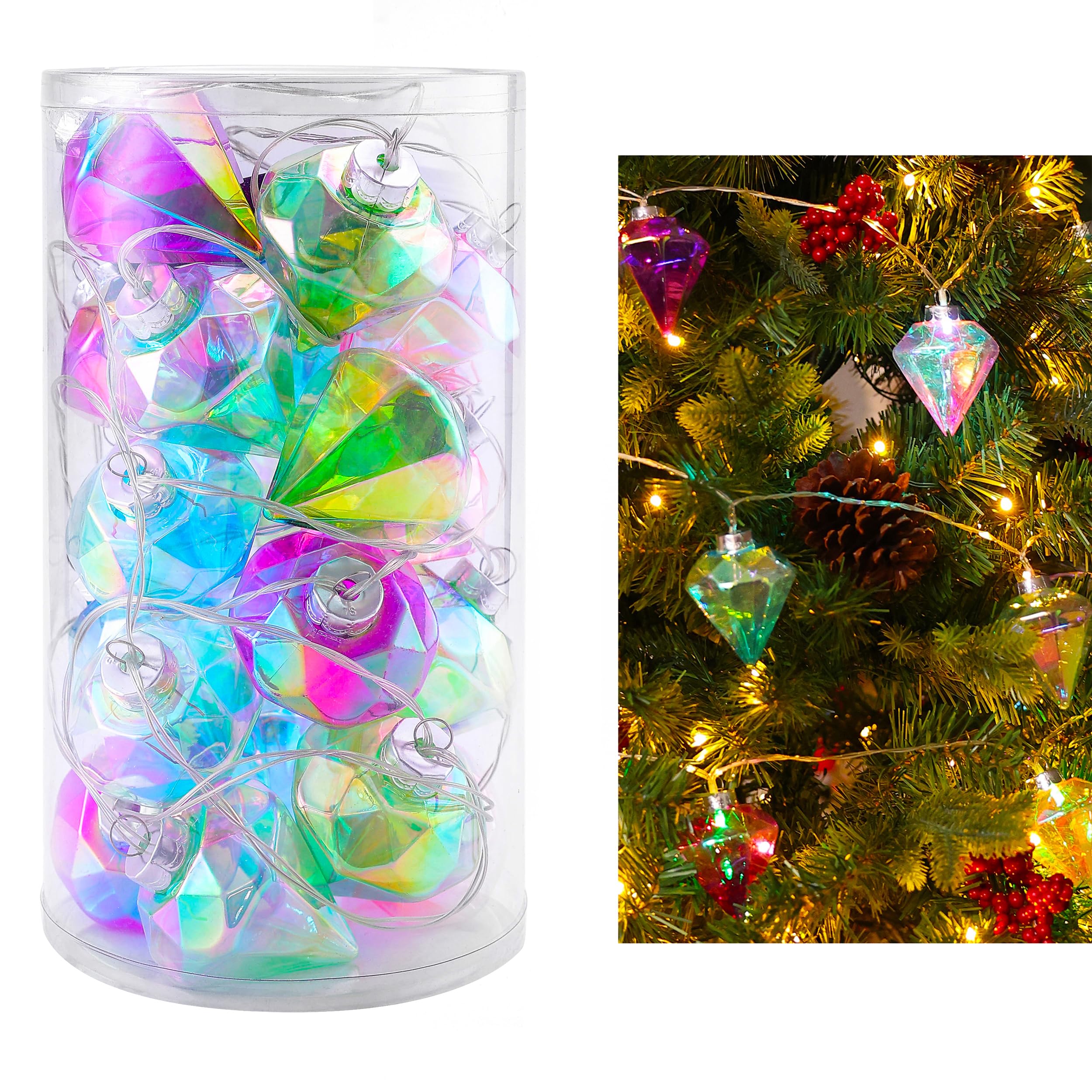 AmoocaChristmas Balls Ornaments Hanging Garland Decorations with LED Lights 20pc 12.2ft for Window Wall Stair Railing Xmas Tree Holiday Party Home Decor Colorful Rainbow Pyramid Balls