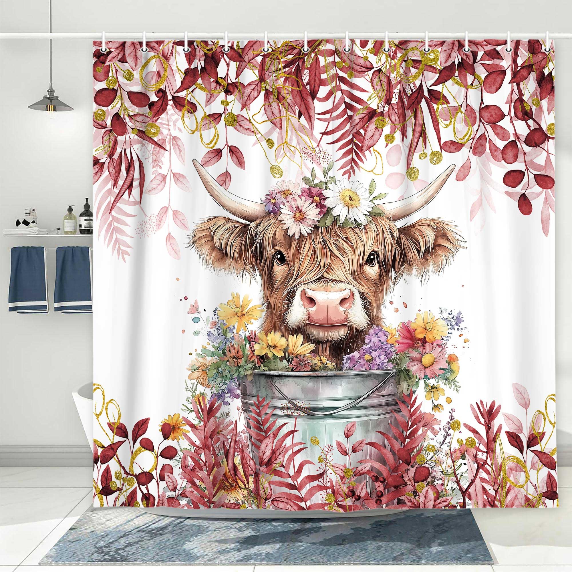 Mtsxfy Red Shower Curtain, Boho Plant Eucalyptus Leaves Floral Funny Highland Cow Bath Curtain, Farmhouse Animals Bathroom Accessories Botanical for Bathroom Curtain Set with Hooks, 60X70in — image 1