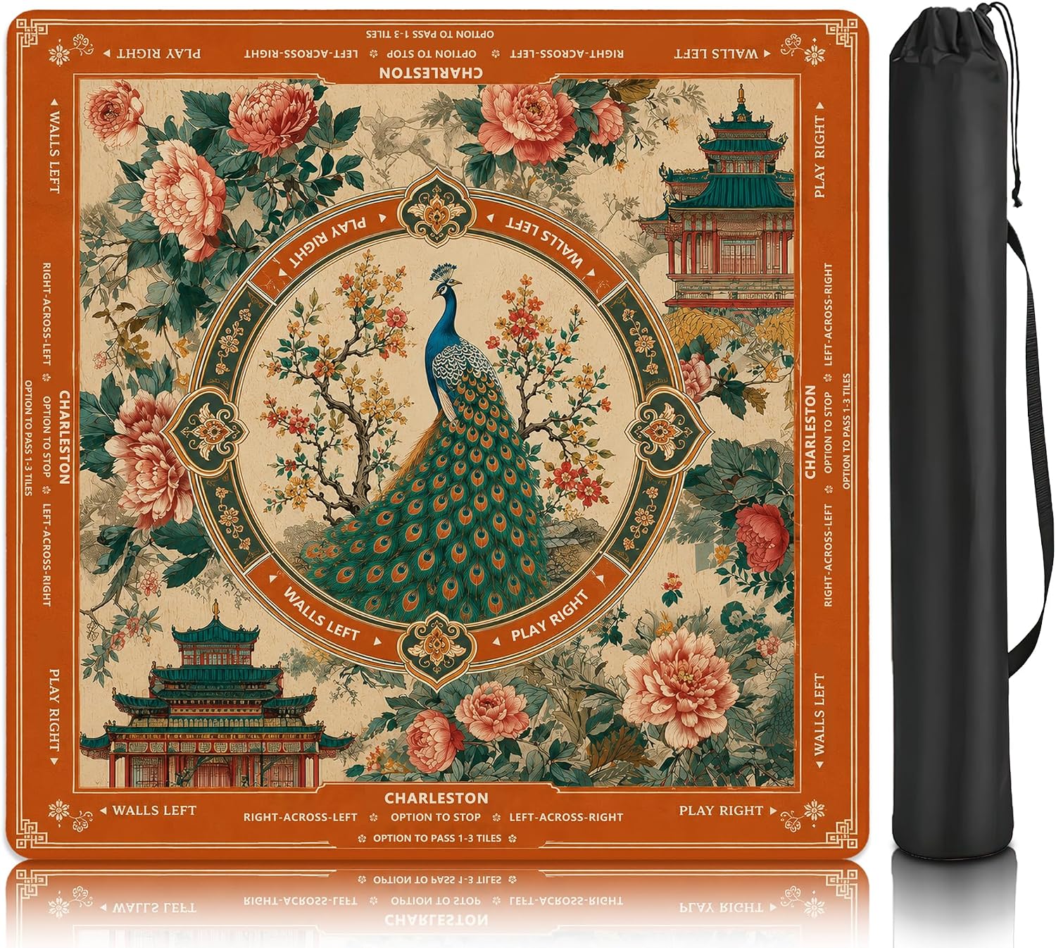 Mahjong Mat–31.5 x 31.5 East Asian Crane Landscape American Mahjong Table Mat, Non Slip Noise Mahjong Gaming Table Cover for Mahjong, Poker, Card, Board Tile Games
