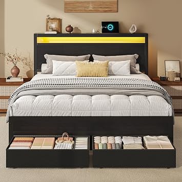 HISOFT Queen Bed Frame with Storage, Wood Headboard with Fast Charging Station, LED Lights, Platform Bed Frame Queen Size, Fabric Drawers with Wheels, No Box Spring Needed, Noise Free, Classic Black