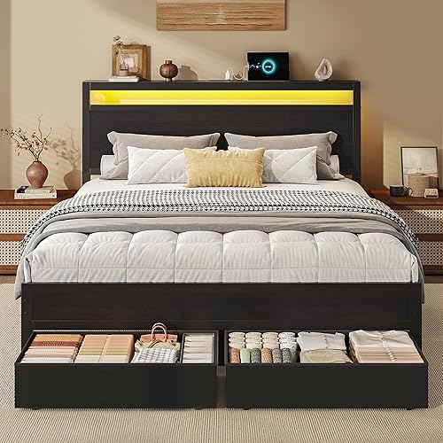 HISOFT Queen Bed Frame with Storage, Wood Headboard with Fast