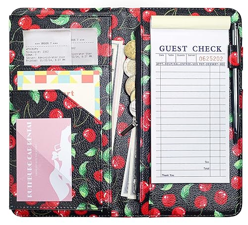 Mymazn Libro de camarera de cerezo de 4.7 x 9 pulgadas con bolsillo con cremallera, bolsillo para dinero y cierre magnético, organizador de
