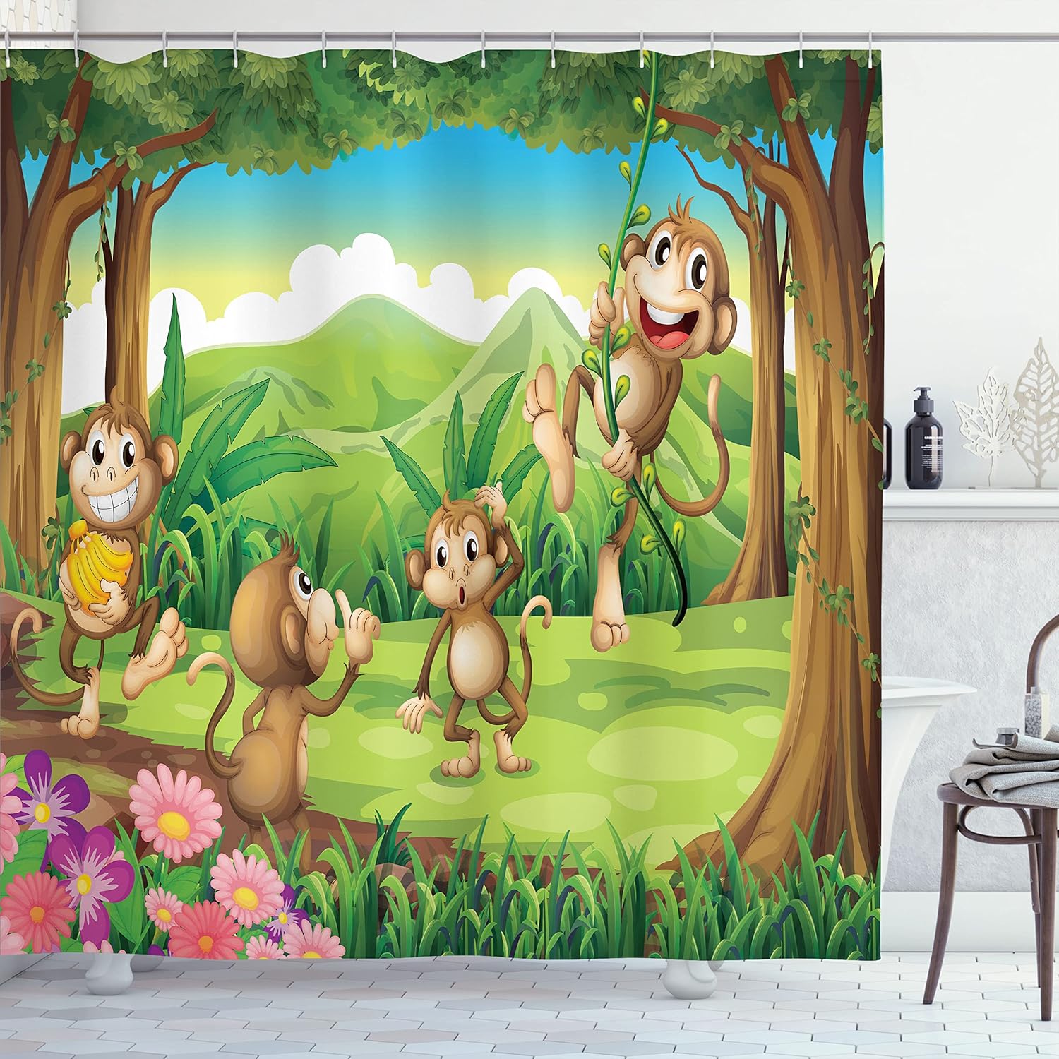 Ambesonne Tropical Shower Curtain, Digital Dot Featured Fun Monkey Face Portrait Little Geometrical Rounds Print, Cloth Fabric Bathroom Decor Set with Hooks, 69" W x 84" L, Brown Tan