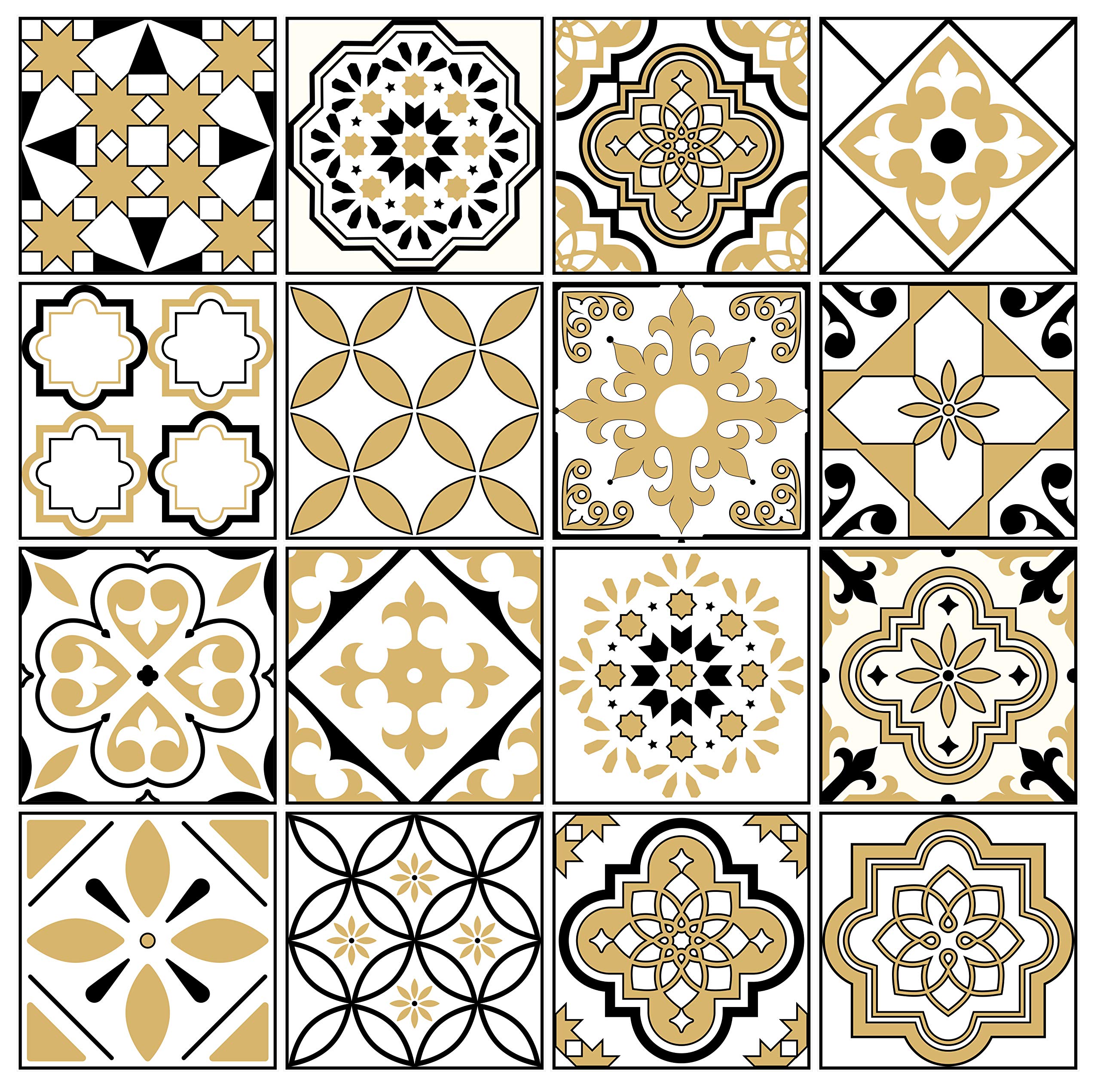 Bolsover Designs Tile Stickers, Pack Of 16 Black & Gold Mosaic Self Adhesive Waterproof stickers for 150mm x 150mm / 6 Inch x 6 Inch Tiles, Waterproof for Kitchen & Bathroom GT34