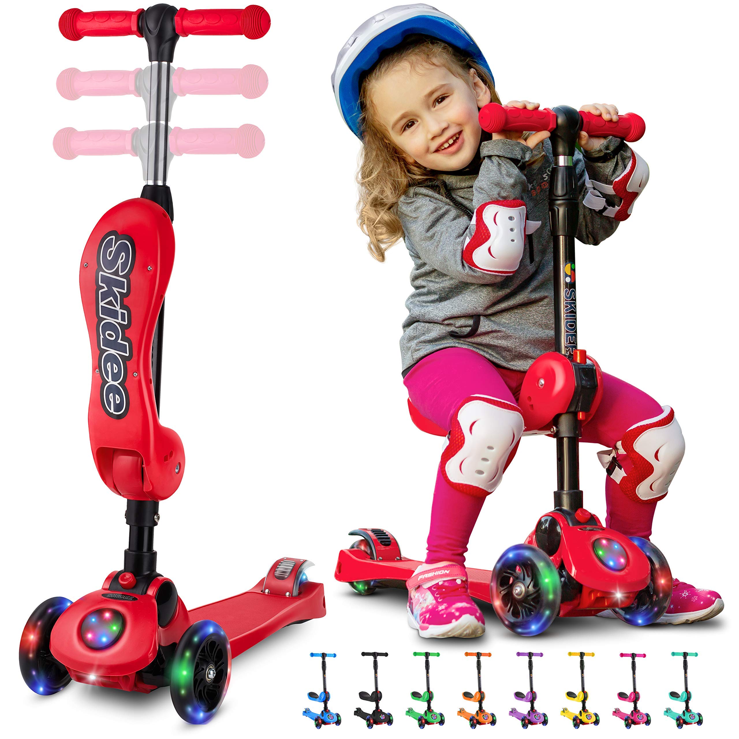 skidee kick scooters for kids ages 3-5(suitable for 2-12 year old)adjustable height foldable scooter removable seat,3 led light wheels, rear brake,wide standing board,outdoor activities for boys/girls