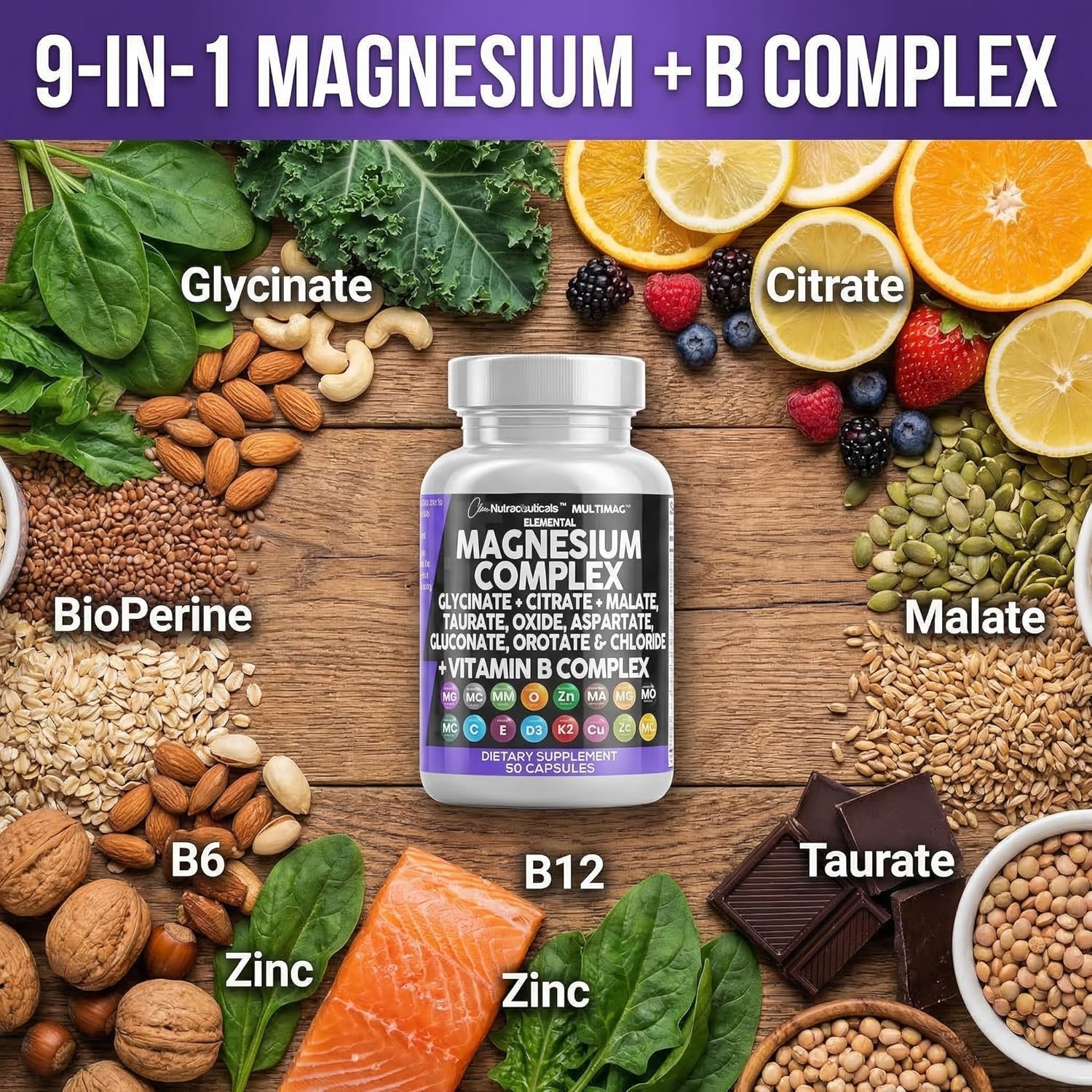 Clean Nutraceuticals Magnesium Complex with Magnesium Glycinate Citrate Malate Oxide Taurate Aspartate Orotate & Mag Chloride, Zinc Copper Manganese & Vitamin C B1 B2 B6 B12 Complex - 1Pack