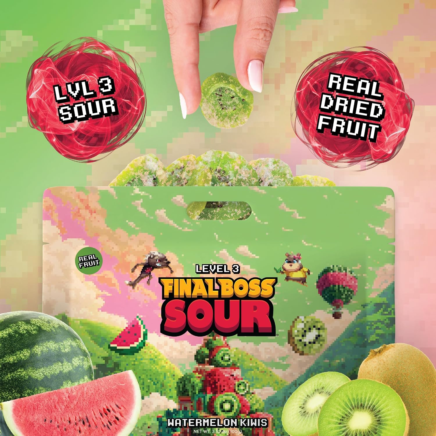  Sour Fruit Candy, Watermelon Kiwi, Level 3, 1 Pack | Made with Real Dried Fruit, Extreme Sour Fruit Chews, No Artificial Colors, No Artificial Fruit Flavors, Low Calorie Snack thumbnail