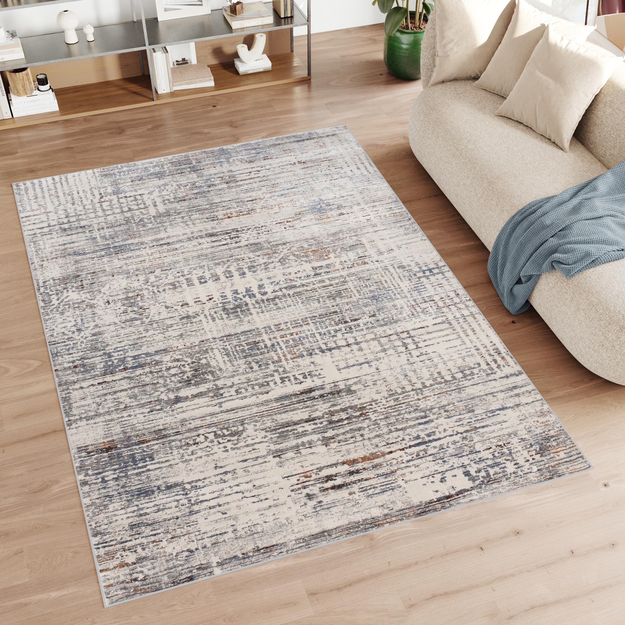 Tapiso Feyruz nowoczesny dywan z krótkim włosiem, kremowy, szary, pomarańczowy, niebieski, w paski, styl vintage, do salonu, sypialni, Ökotex 80 x 150 cm