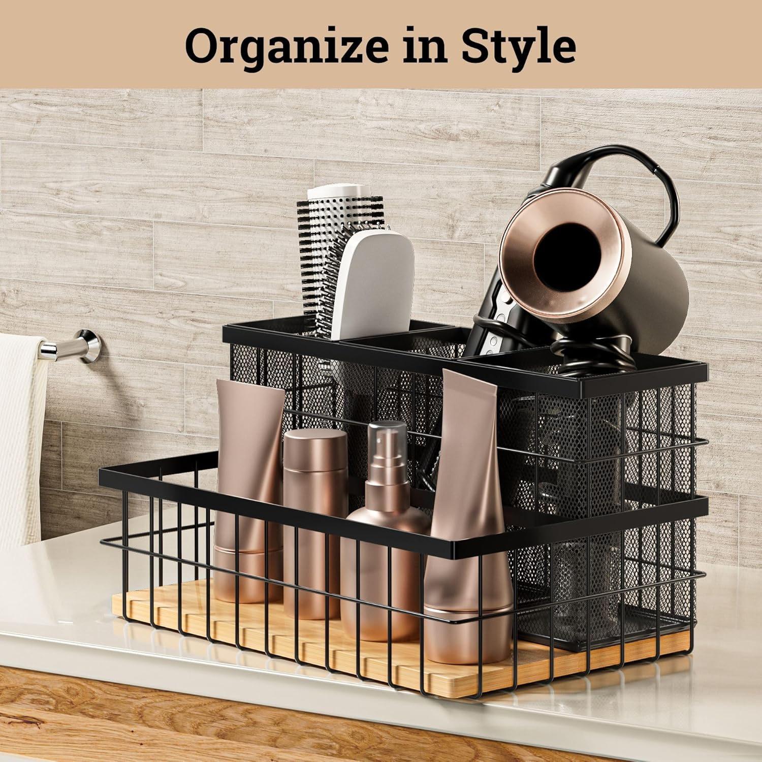 HB Design Co. Hair Tool Organizer - Countertop & Under Sink - Breathable Metal & Bamboo - Hot Hair Tools Organizer - Black
