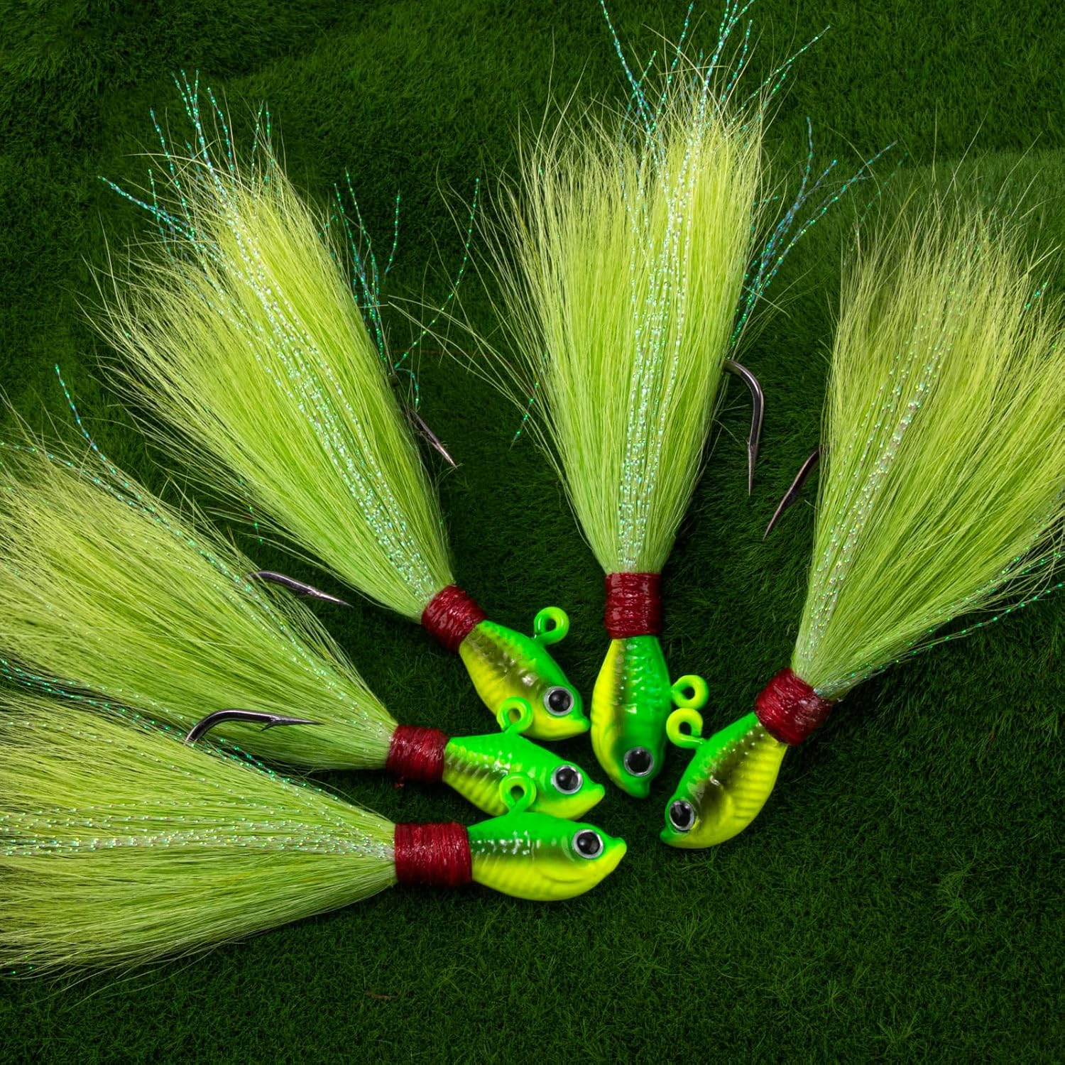 Alwonder 5-Pack Bucktail Jigs Hair Jigs Saltwater Freshwater Fishing Bucktail Lures Surf Fishing Jig Heads White Luminous Chartreuse Swimbait Jig for Bass Flounder Striper Bluefish Halibut Redfish